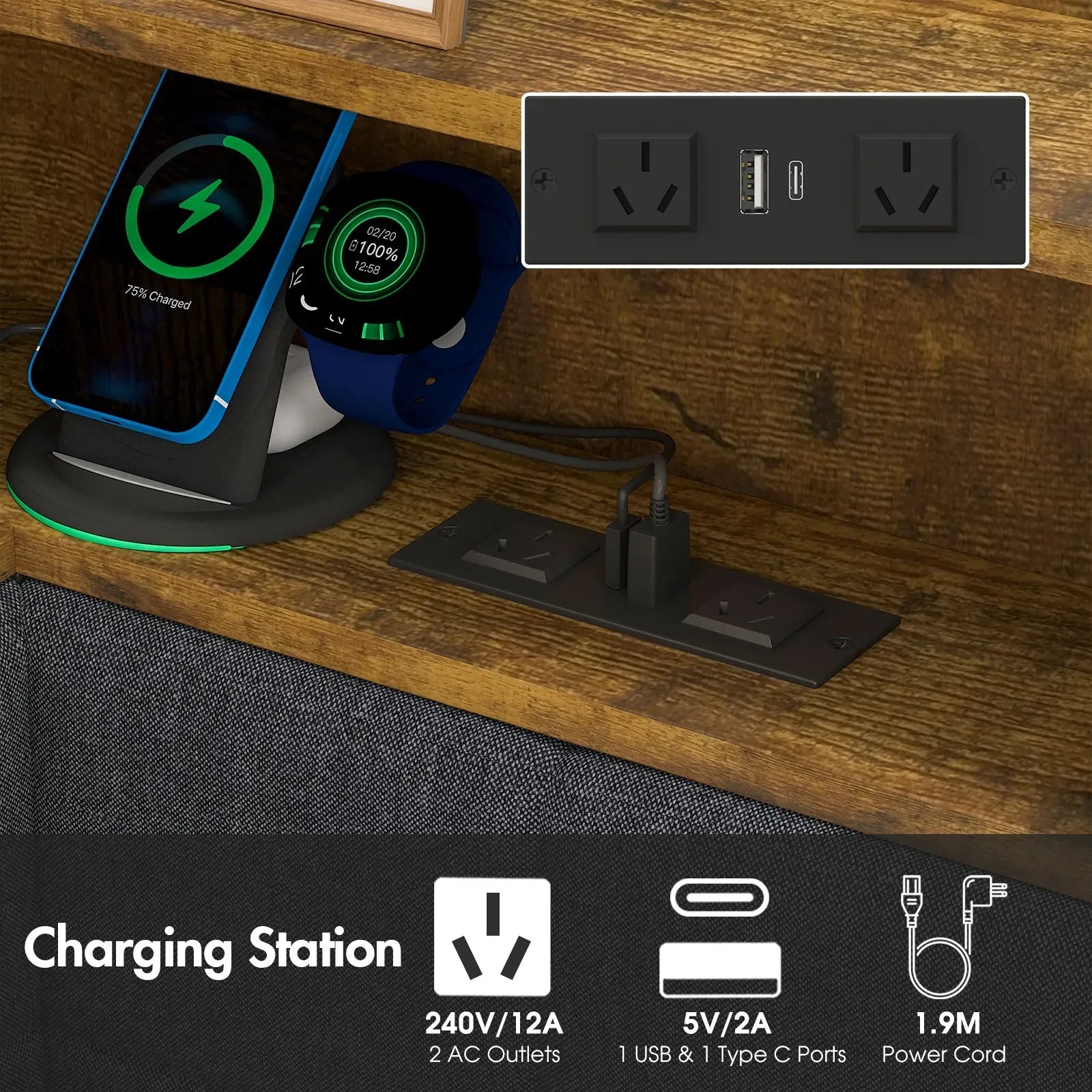 Walnut Single LED Corner Bed Frame in Black with 2 Storage Drawers and Charging Station
