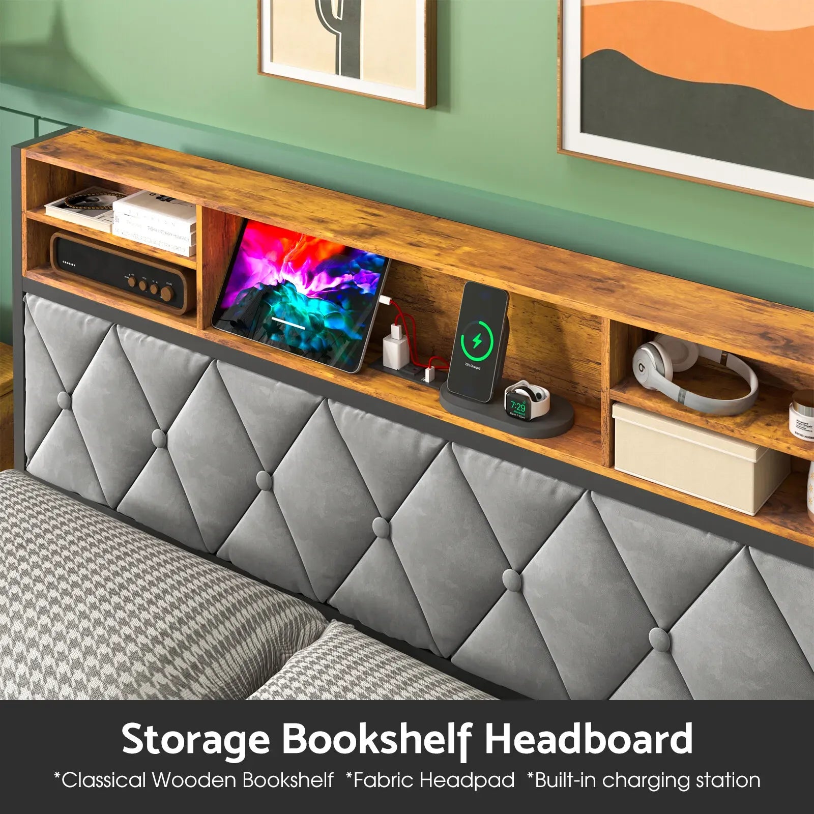 Double Bed Frame with 4 Storage Drawers, Charging Station, USB Ports, Black