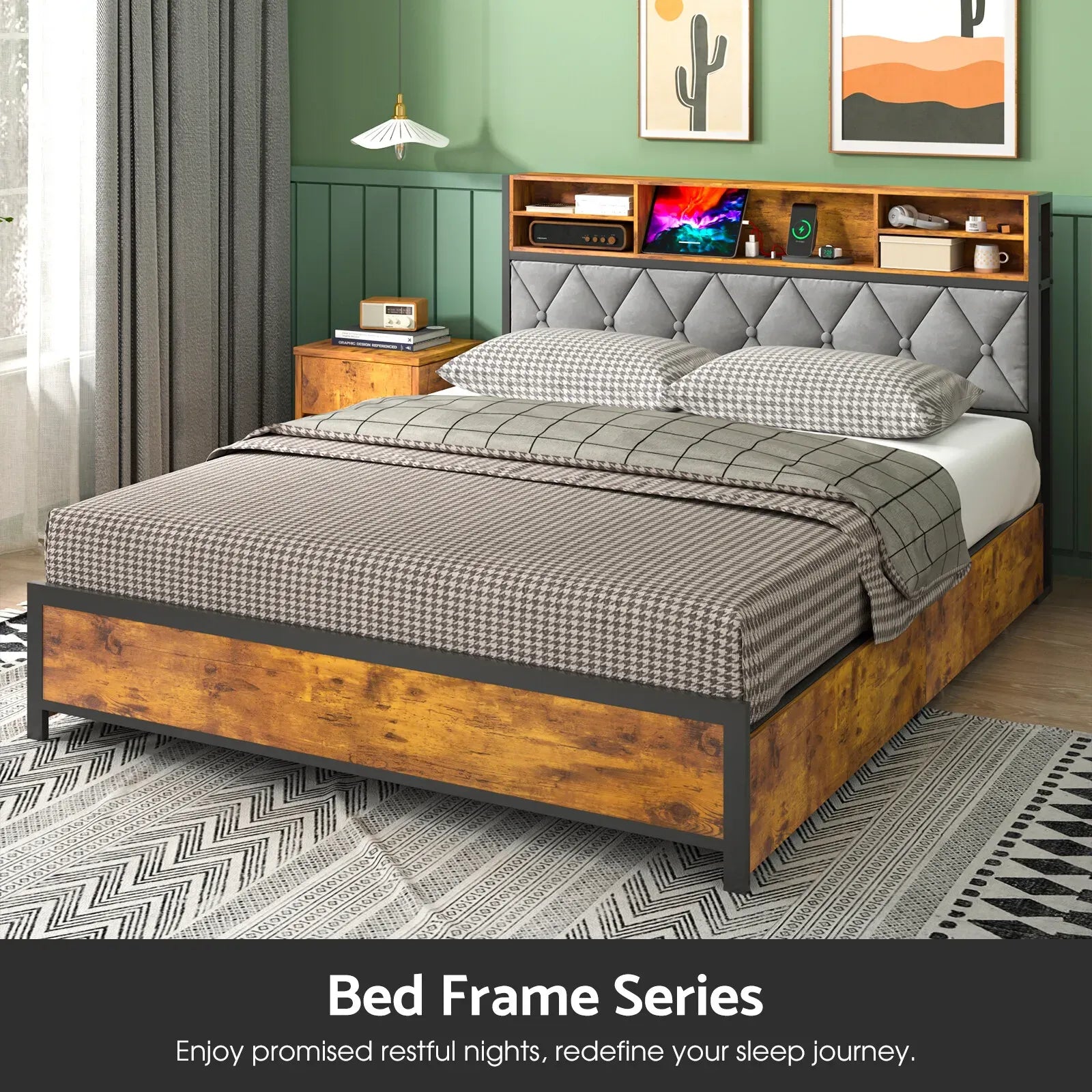 Double Bed Frame with 4 Storage Drawers, Charging Station, USB Ports, Black