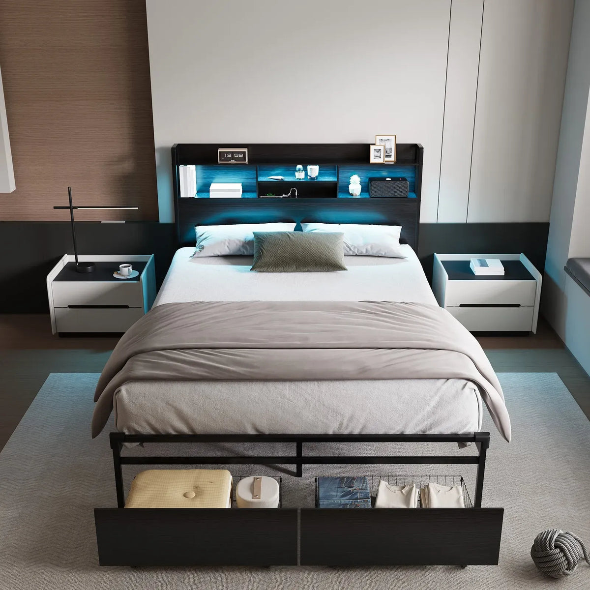Double Black LED Bed Frame with 2 Storage Drawers and Charging Station