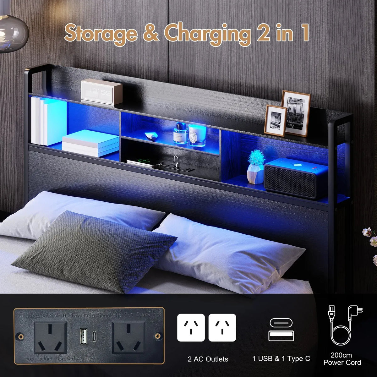 Double Black LED Bed Frame with 2 Storage Drawers and Charging Station