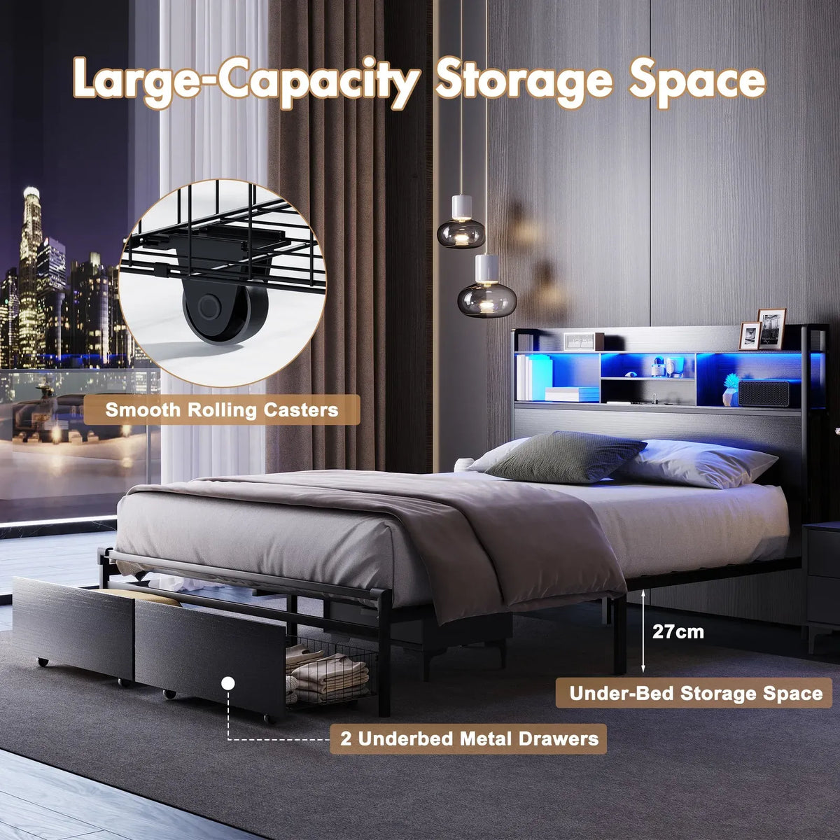 Double Black LED Bed Frame with 2 Storage Drawers and Charging Station