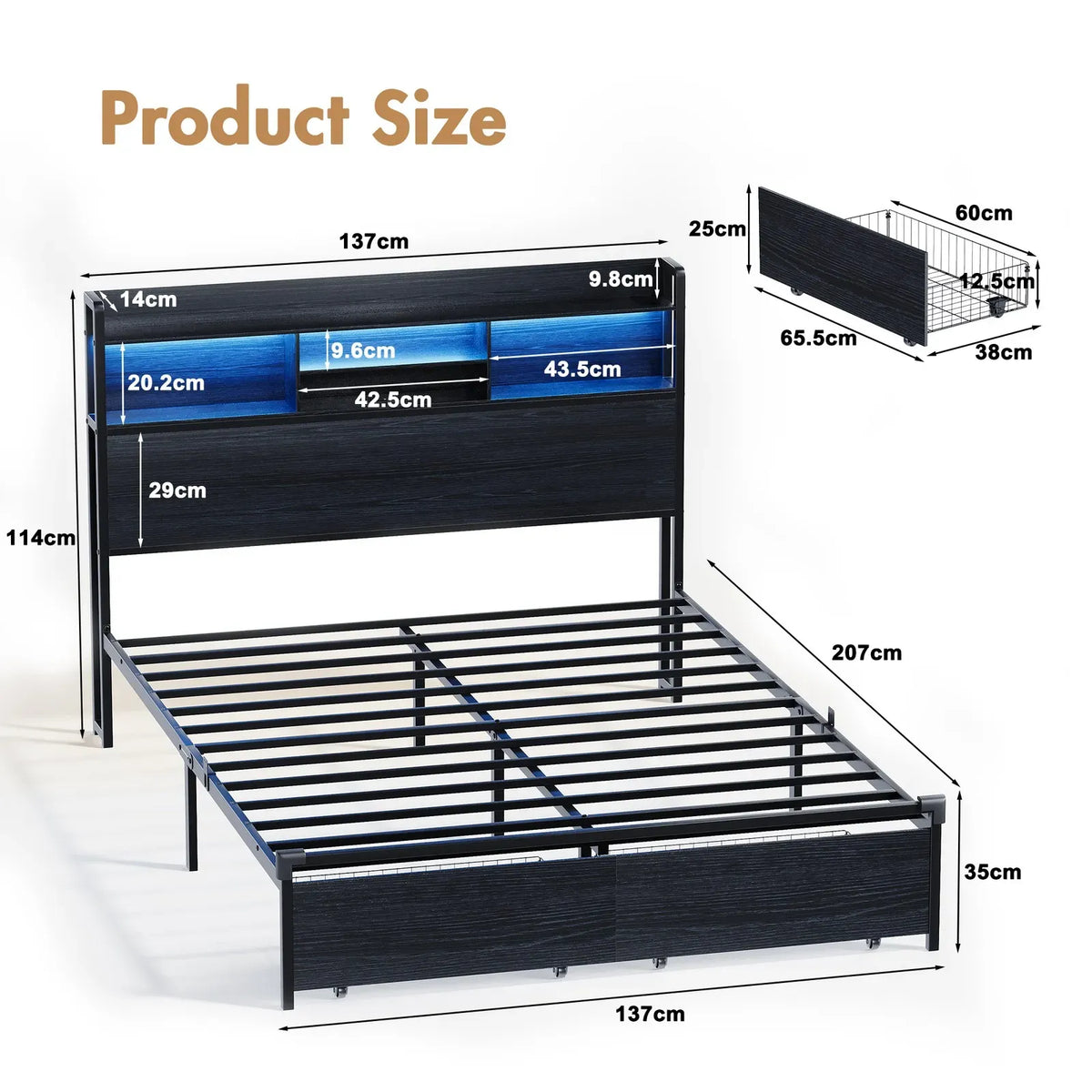 Double Black LED Bed Frame with 2 Storage Drawers and Charging Station