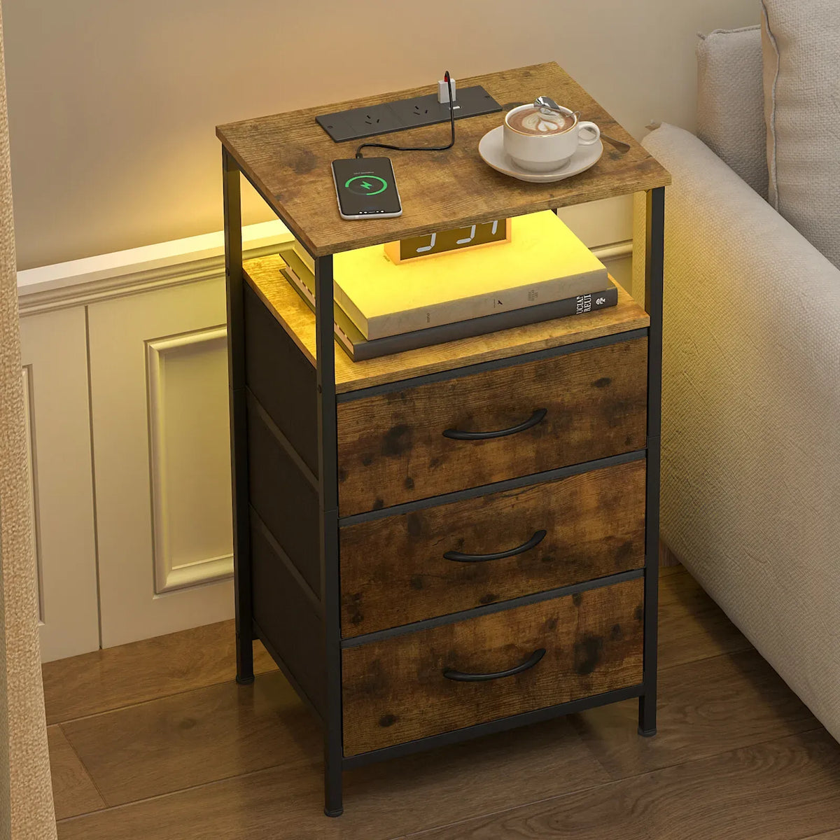 Nightstand with RGB LED Light and Charging Station, Brown, 40x30x70cm
