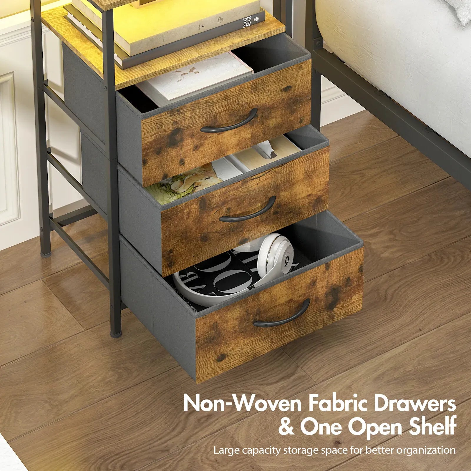 Nightstand with RGB LED Light and Charging Station, Brown, 40x30x70cm