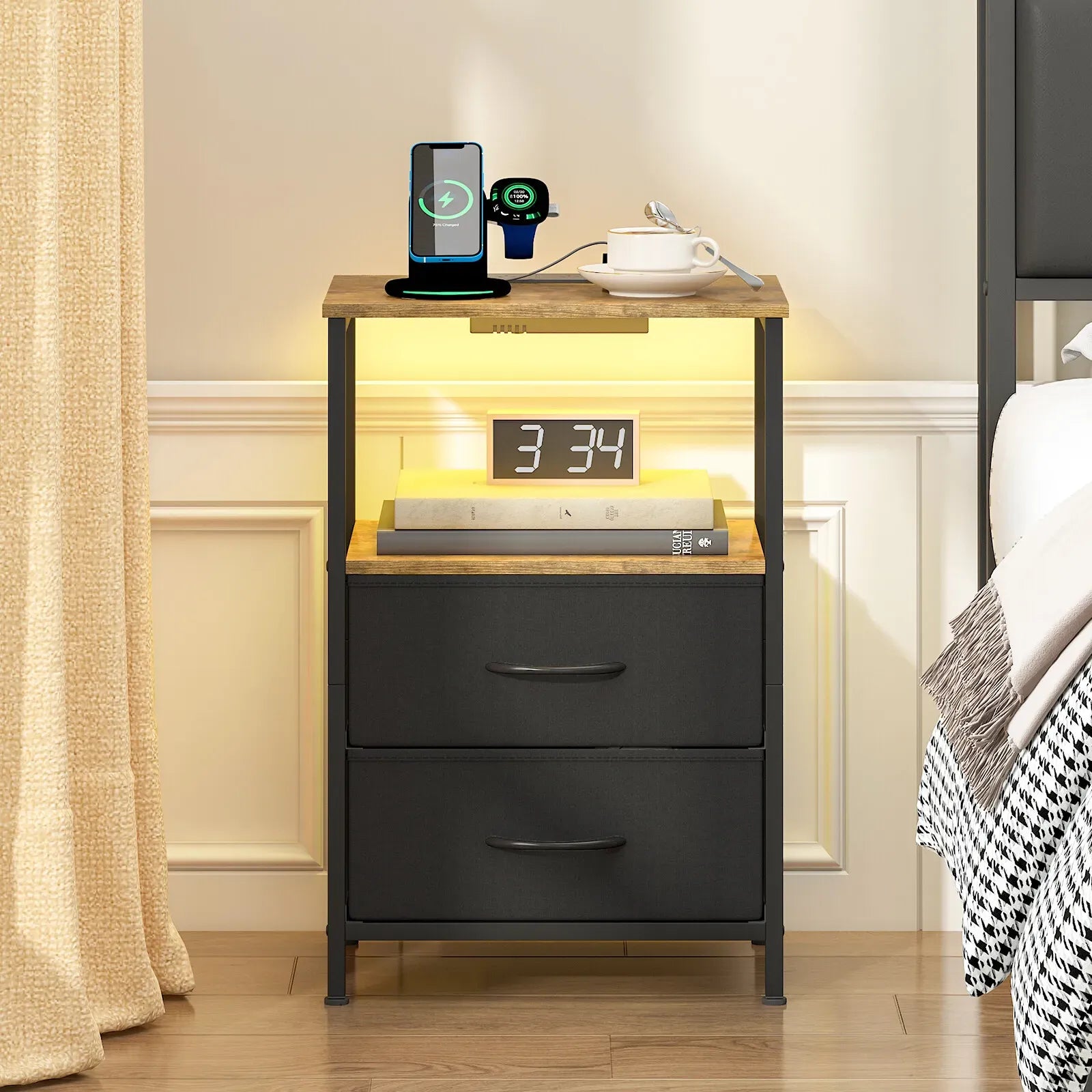 Black and Brown Nightstand with LED Light, Charging Station, and Storage - 60x40cm