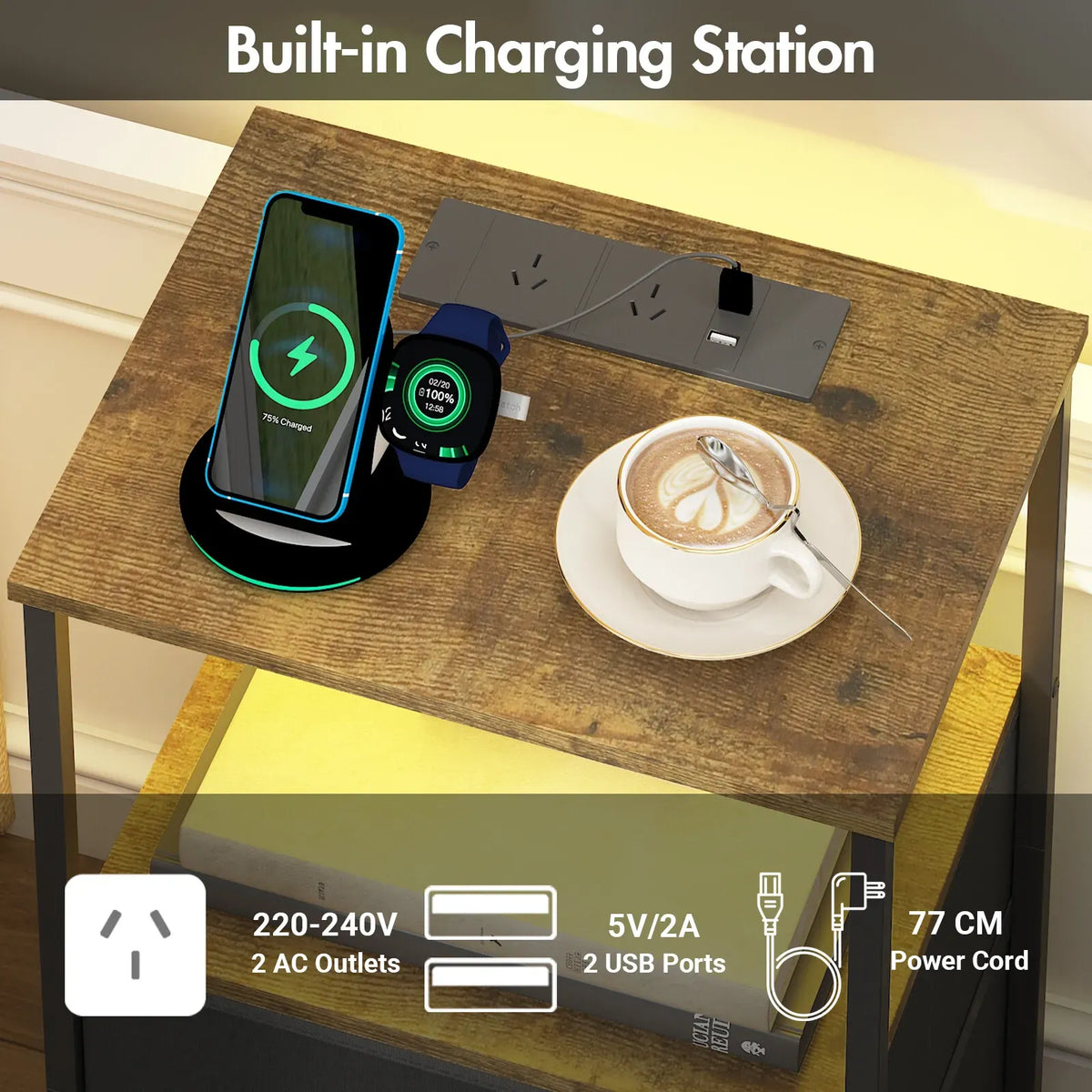 Black and Brown Nightstand with LED Light, Charging Station, and Storage - 60x40cm