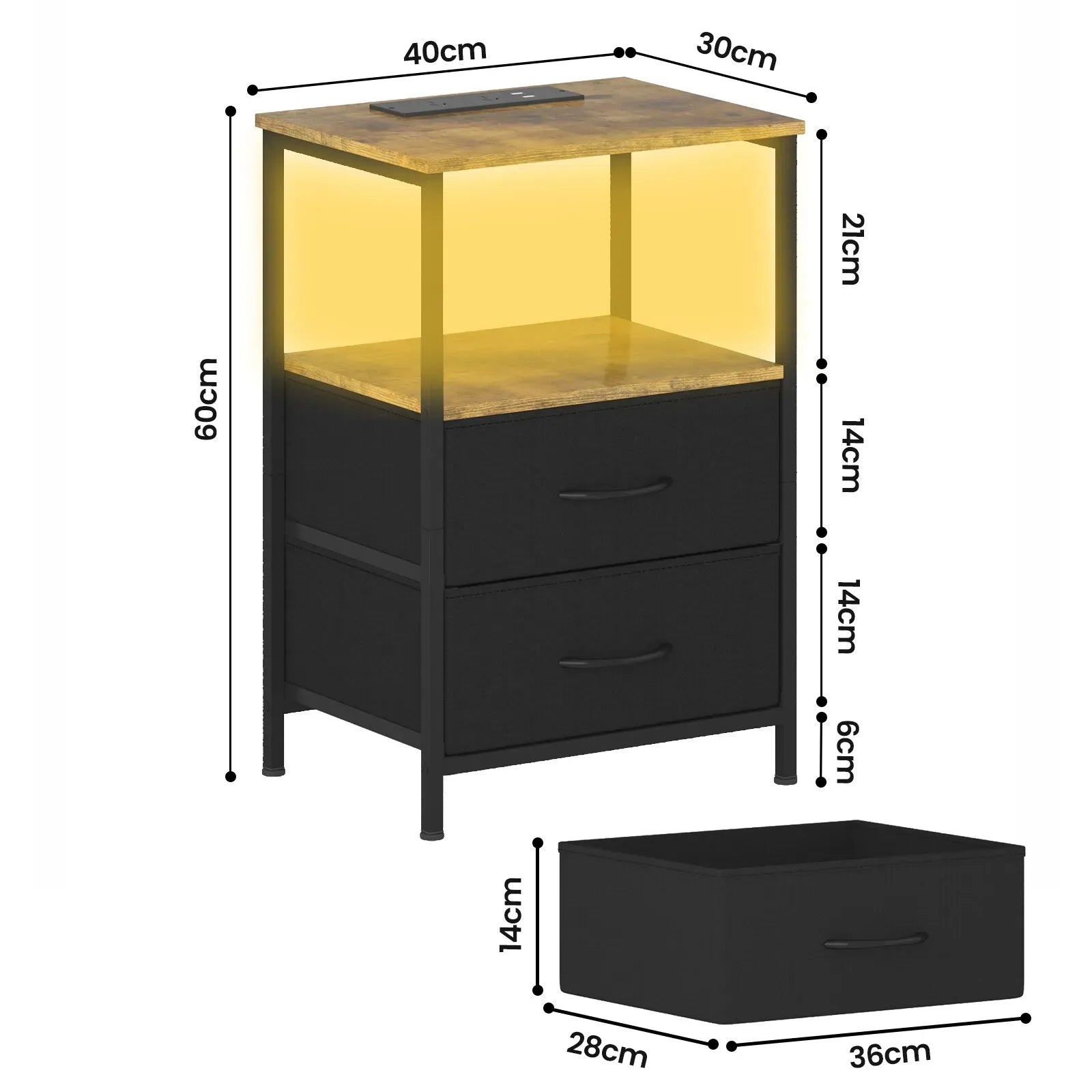 Black and Brown Nightstand with LED Light, Charging Station, and Storage - 60x40cm