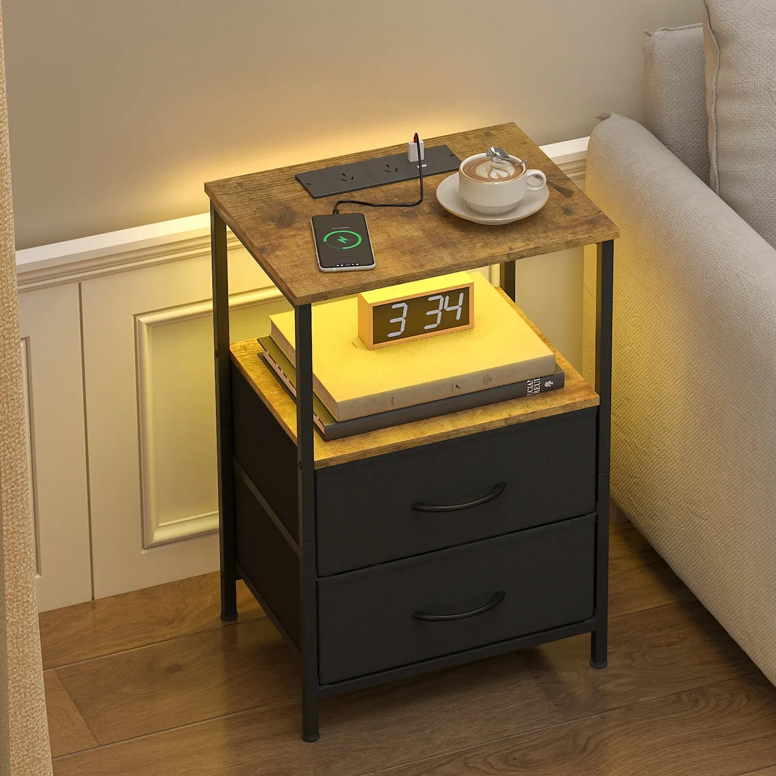 Black and Brown Nightstand with LED Light, Charging Station, and Storage - 60x40cm
