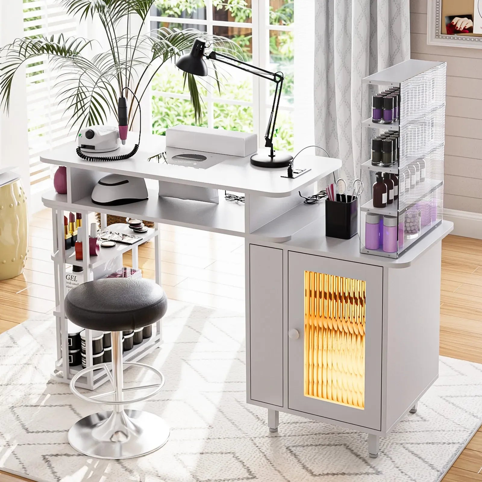 LED Manicure Table with Dust Collector and Charging Station in White