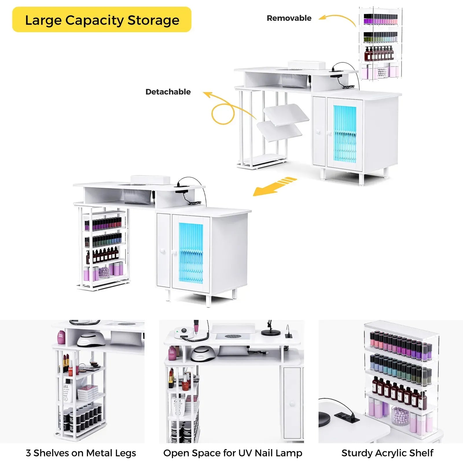 LED Manicure Table with Dust Collector and Charging Station in White