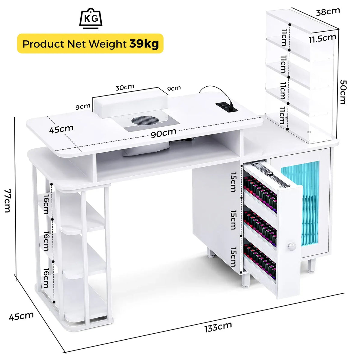 LED Manicure Table with Dust Collector and Charging Station in White