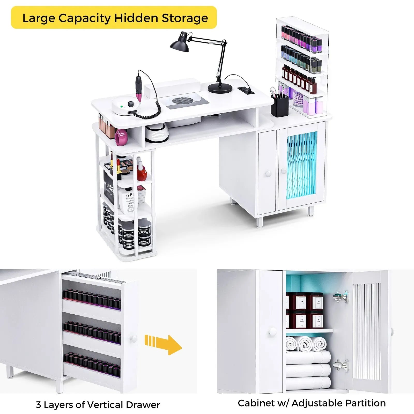 LED Manicure Table with Dust Collector and Charging Station in White