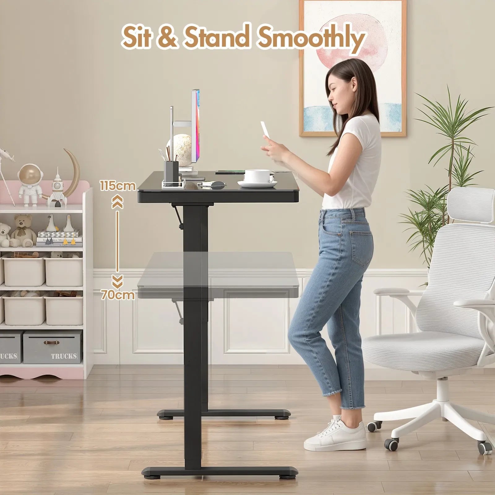 Electric Standing Desk with Drawer, One-Piece Glass Desktop, Black, 120x60cm