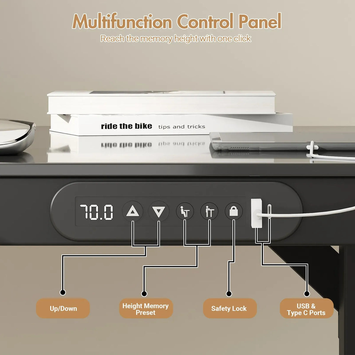 Electric Standing Desk with Drawer, One-Piece Glass Desktop, Black, 120x60cm