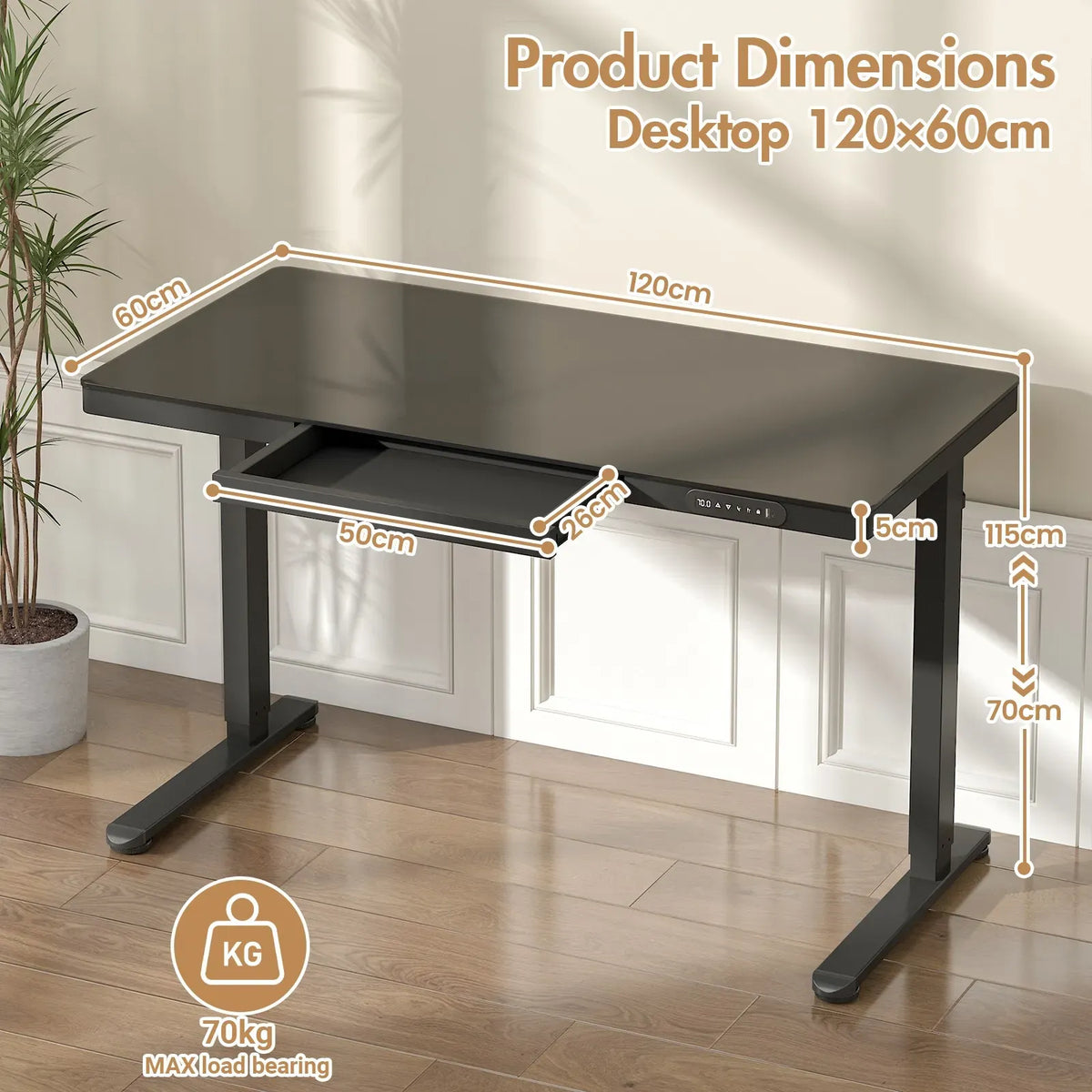 Electric Standing Desk with Drawer, One-Piece Glass Desktop, Black, 120x60cm