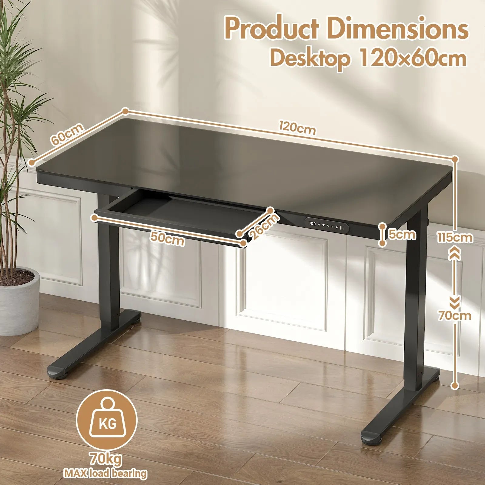Electric Standing Desk with Drawer, One-Piece Glass Desktop, Black, 120x60cm
