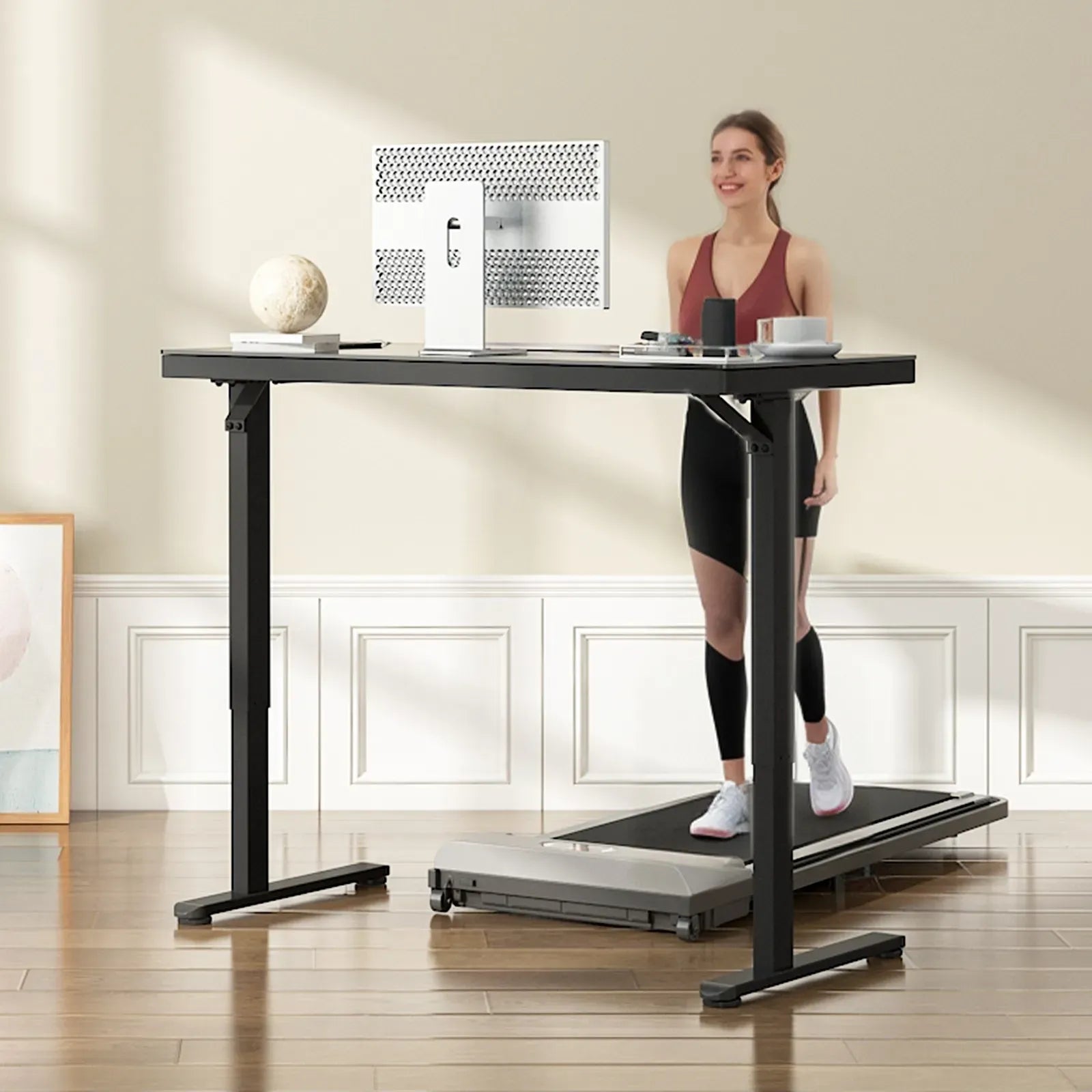 Electric Standing Desk with Drawer, One-Piece Glass Desktop, Black, 120x60cm