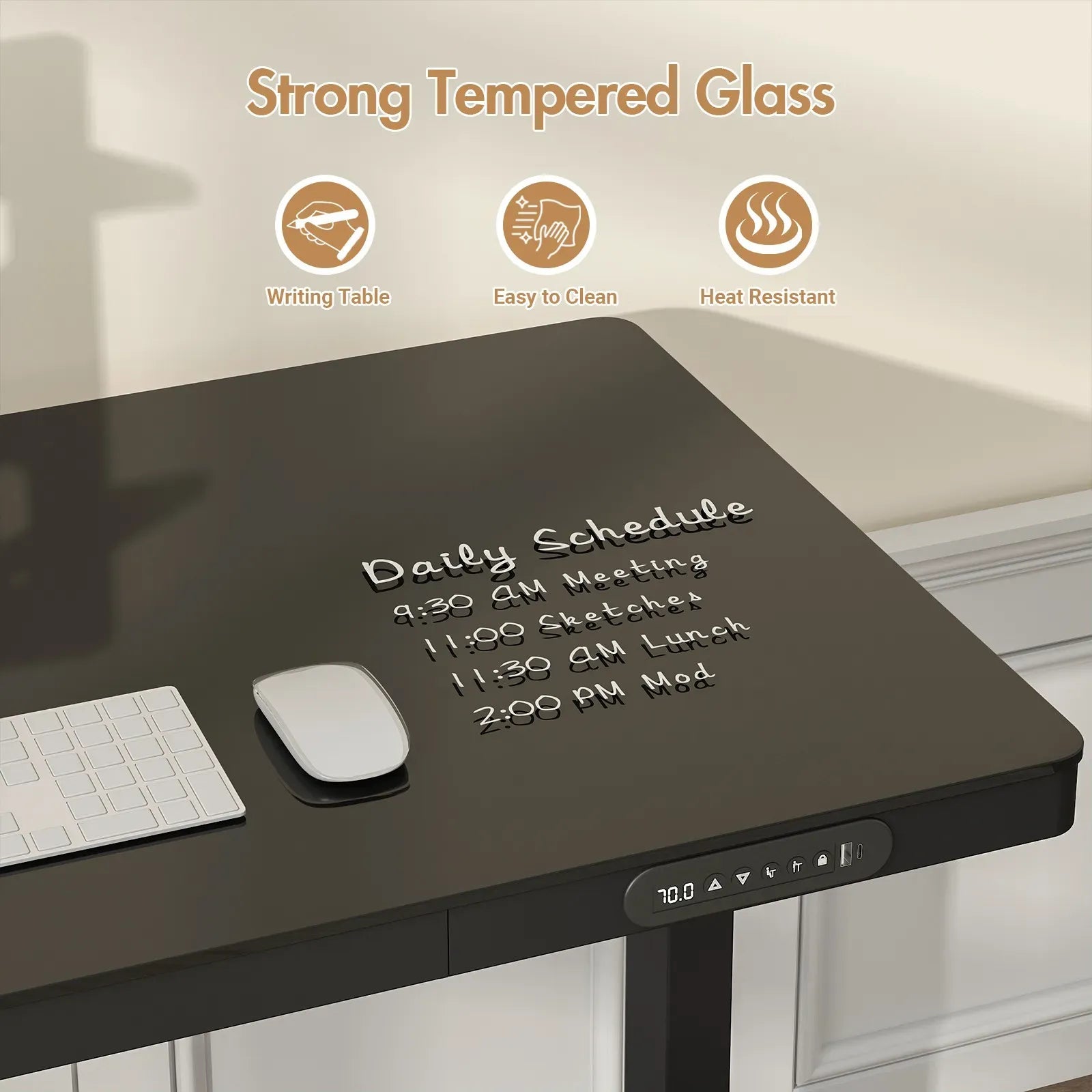 Electric Standing Desk with Drawer, One-Piece Glass Desktop, Black, 120x60cm