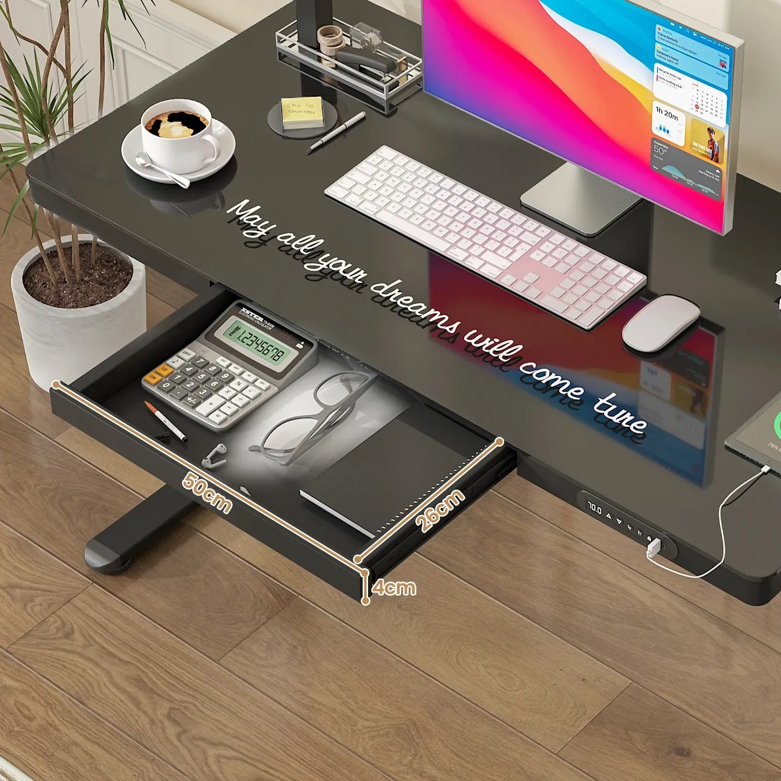 Electric Standing Desk with Drawer, One-Piece Glass Desktop, Black, 120x60cm