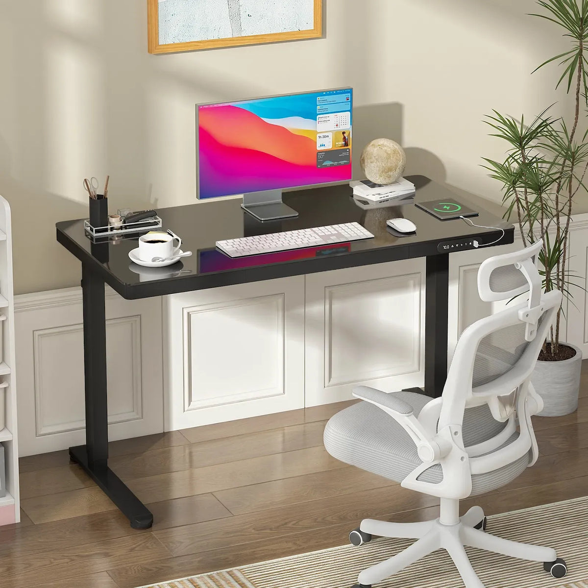 Electric Standing Desk with Drawer, One-Piece Glass Desktop, Black, 120x60cm