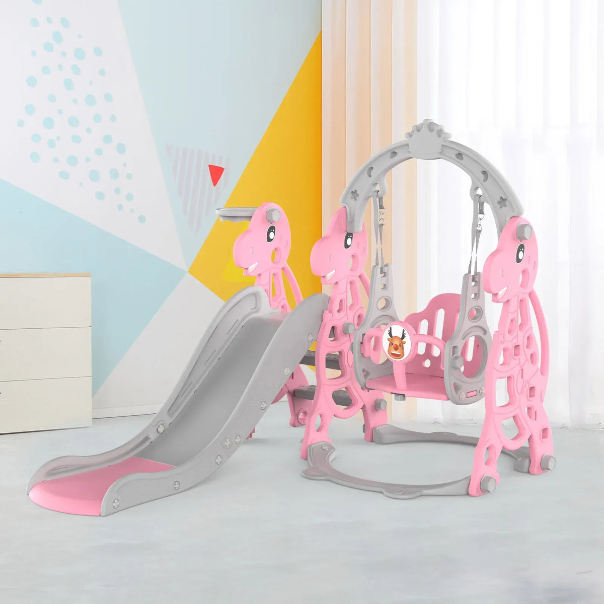 Kids 4 in 1 Slide and Swing Set with Basketball Hoop, Pink, 175x140x115cm