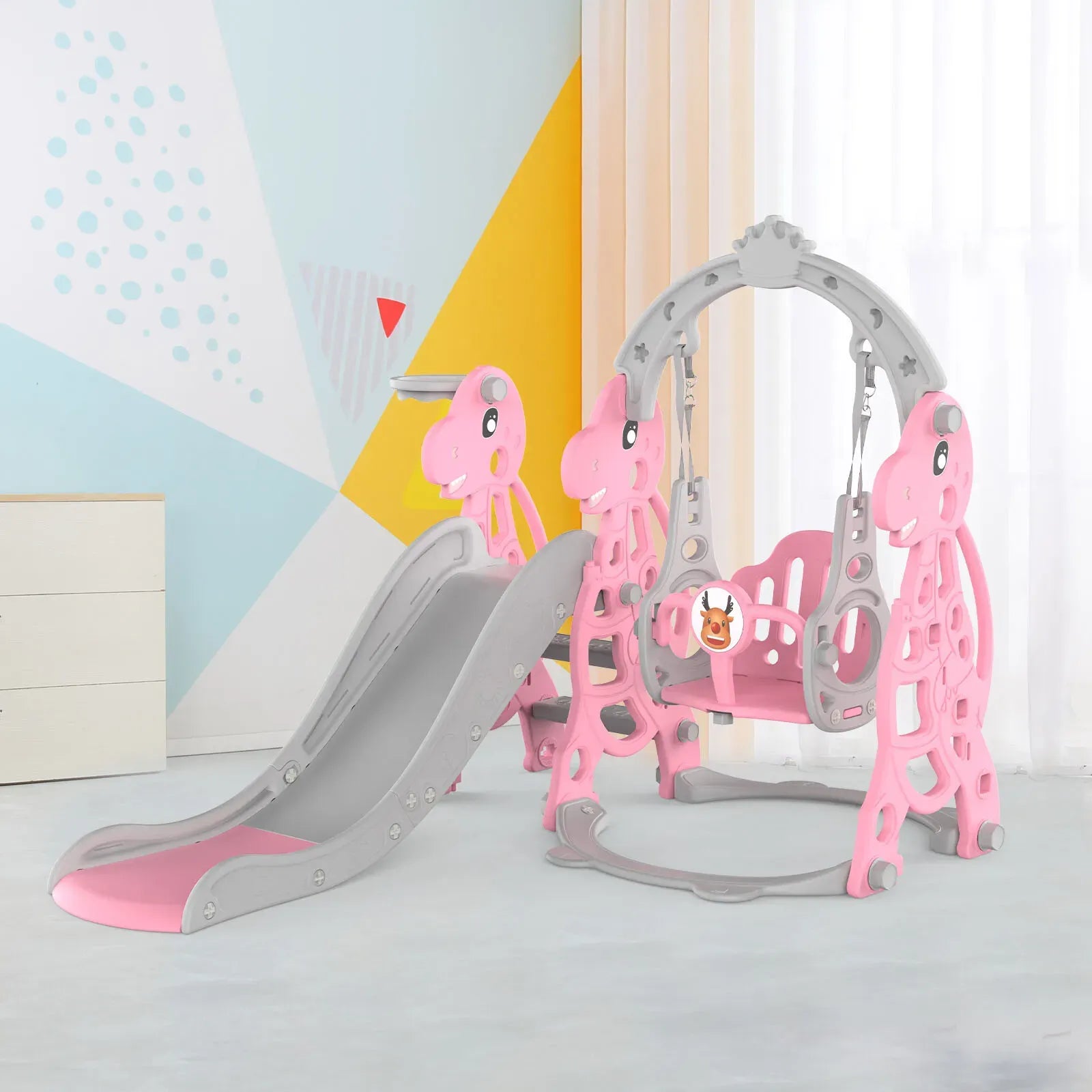 Kids 4 in 1 Slide and Swing Set with Basketball Hoop, Pink, 175x140x115cm