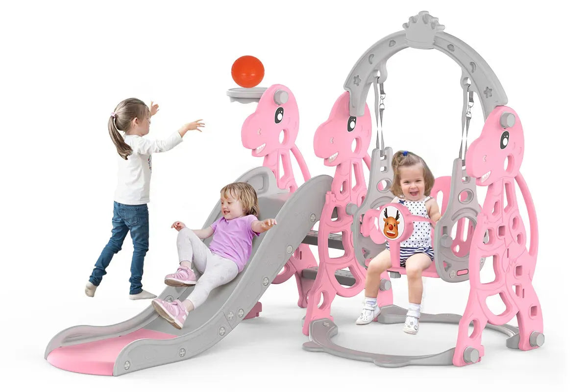 Kids 4 in 1 Slide and Swing Set with Basketball Hoop, Pink, 175x140x115cm