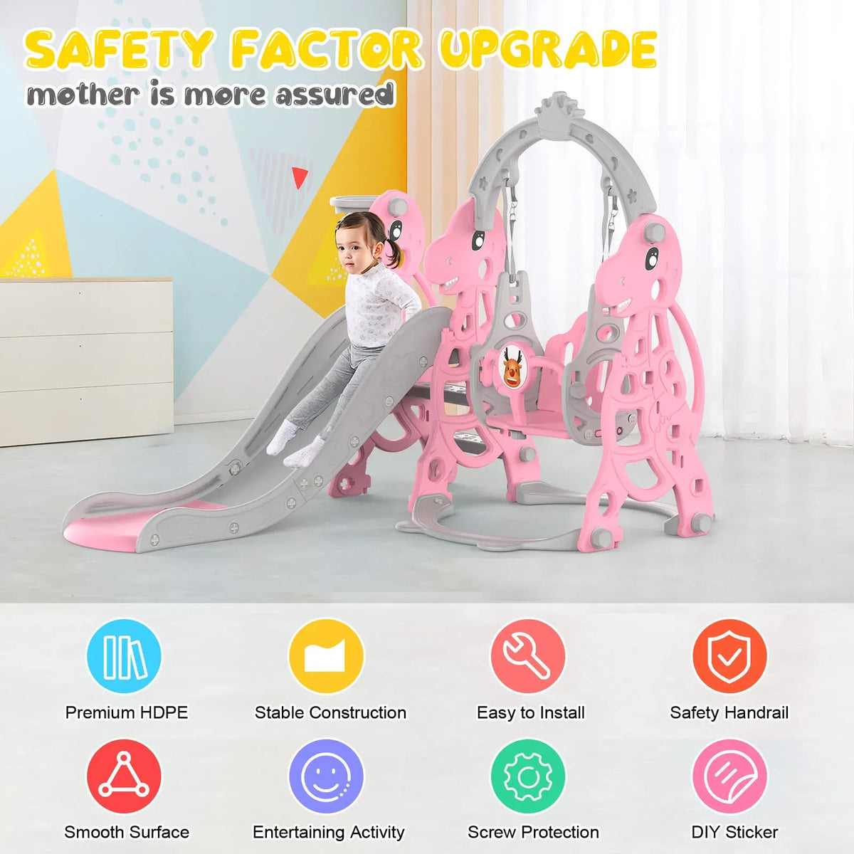 Kids 4 in 1 Slide and Swing Set with Basketball Hoop, Pink, 175x140x115cm