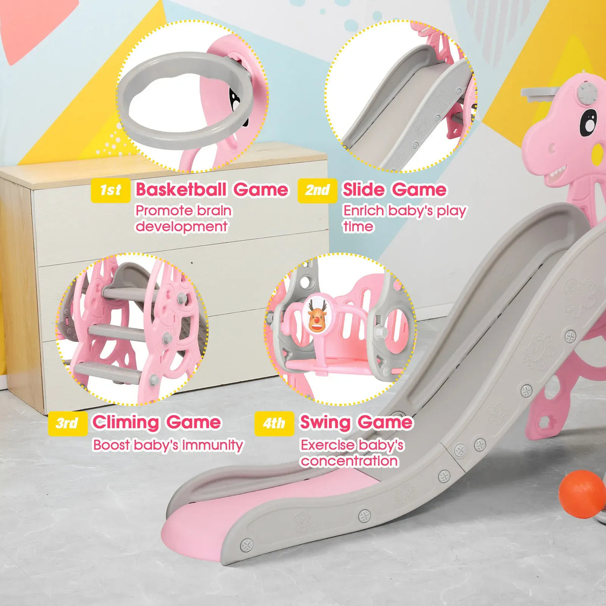 Kids 4 in 1 Slide and Swing Set with Basketball Hoop, Pink, 175x140x115cm