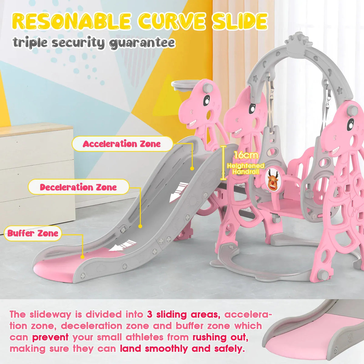 Kids 4 in 1 Slide and Swing Set with Basketball Hoop, Pink, 175x140x115cm