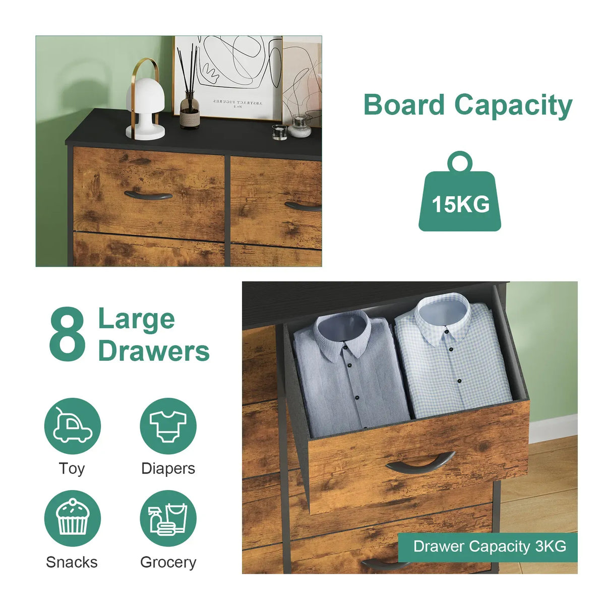 Tallboy Dresser Chest of Drawers in Black - 8 Fabric Drawers, 96x86cm