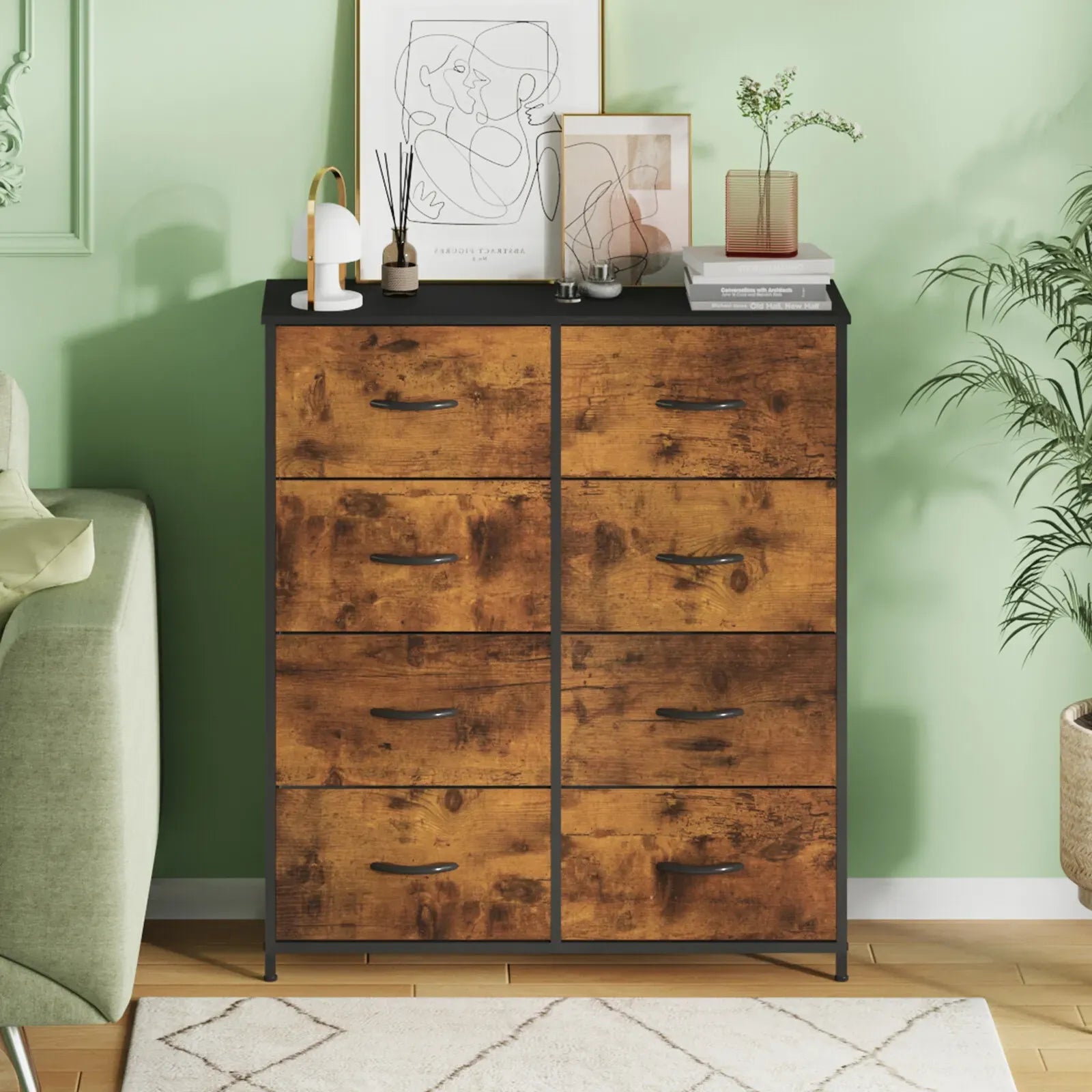 Tallboy Dresser Chest of Drawers in Black - 8 Fabric Drawers, 96x86cm