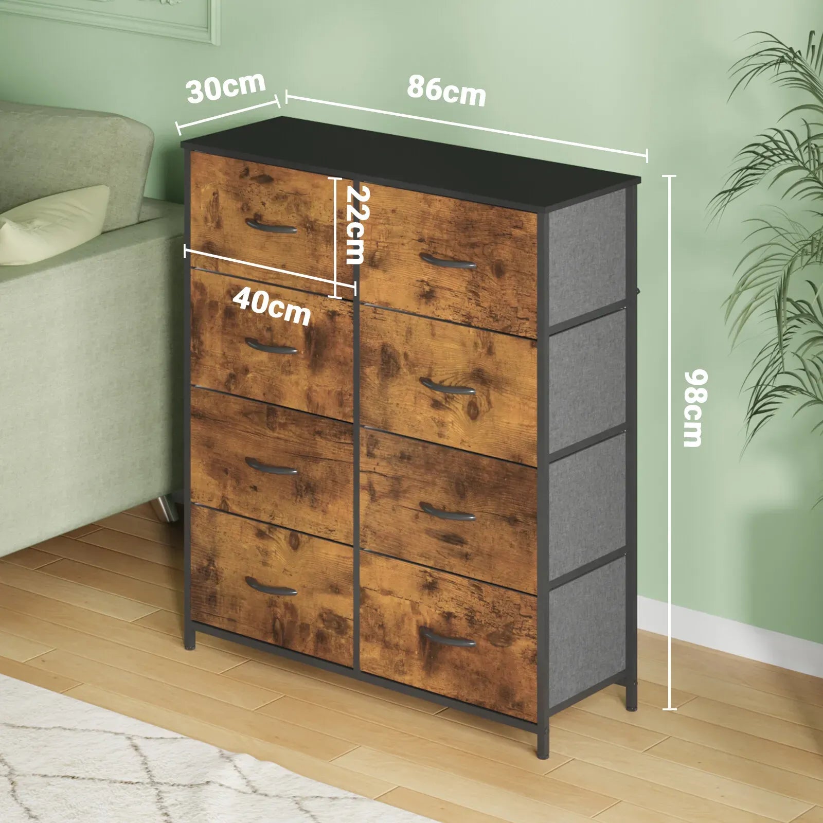 Tallboy Dresser Chest of Drawers in Black - 8 Fabric Drawers, 96x86cm