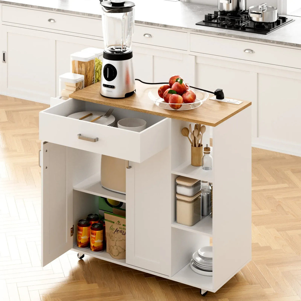 Kitchen Island Cart on Wheels with Charging Station, White, 83x38x82cm