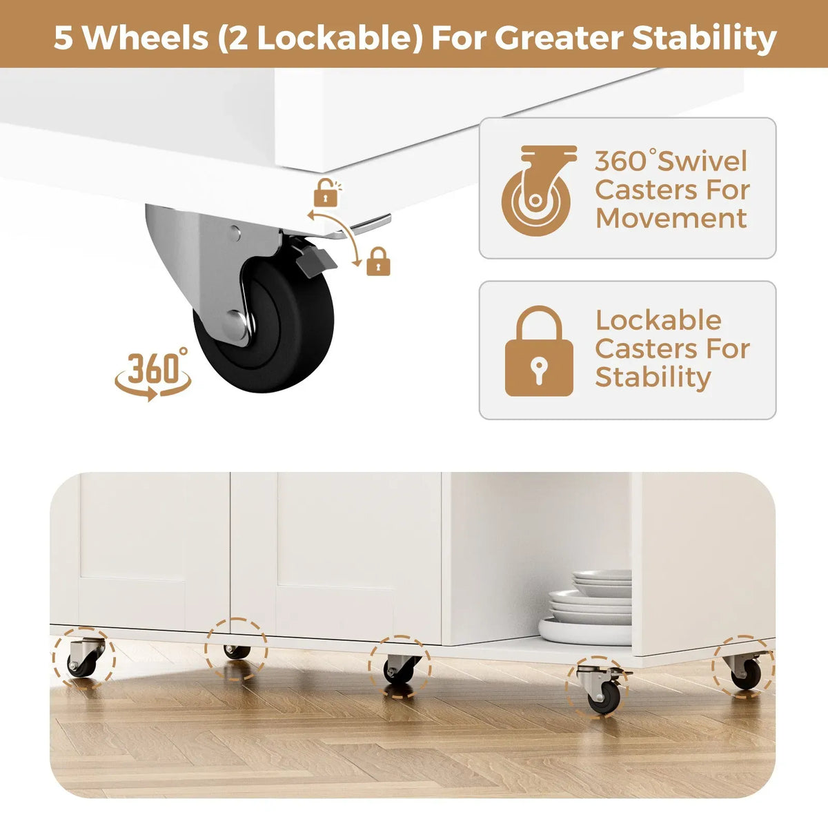 Kitchen Island Cart on Wheels with Charging Station, White, 83x38x82cm