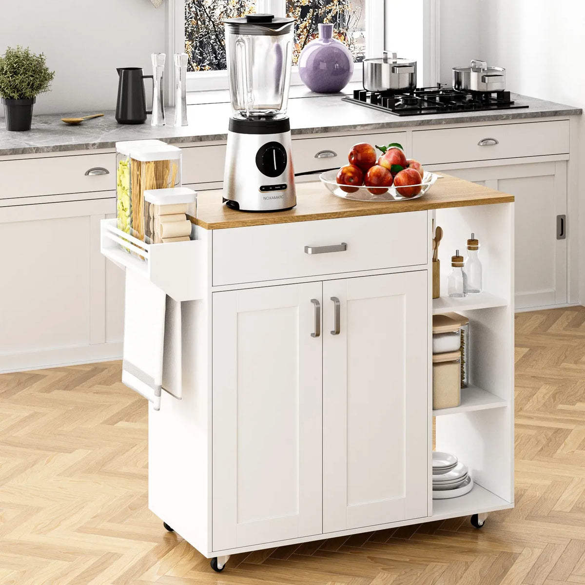 Kitchen Island Cart on Wheels with Charging Station, White, 83x38x82cm