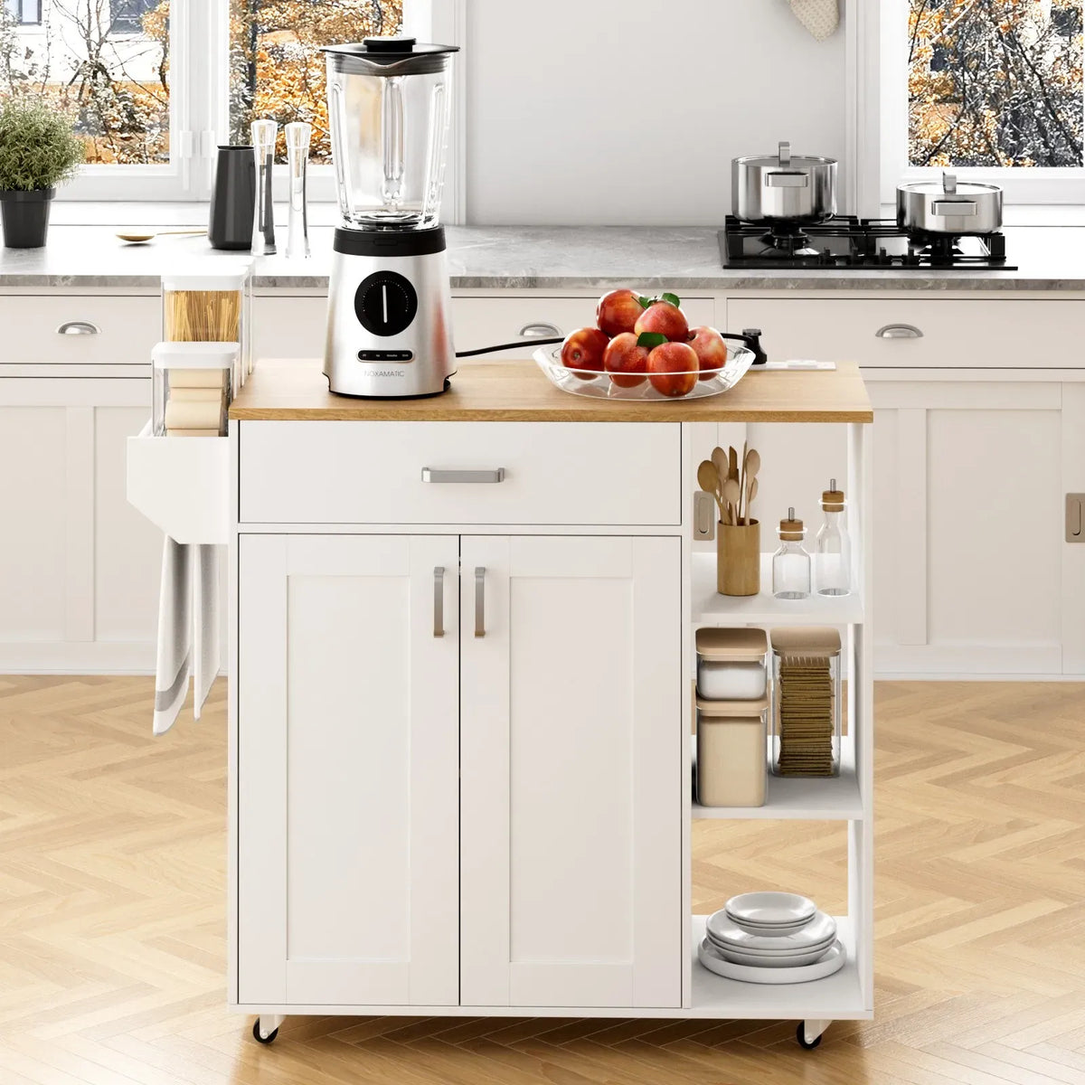 Kitchen Island Cart on Wheels with Charging Station, White, 83x38x82cm
