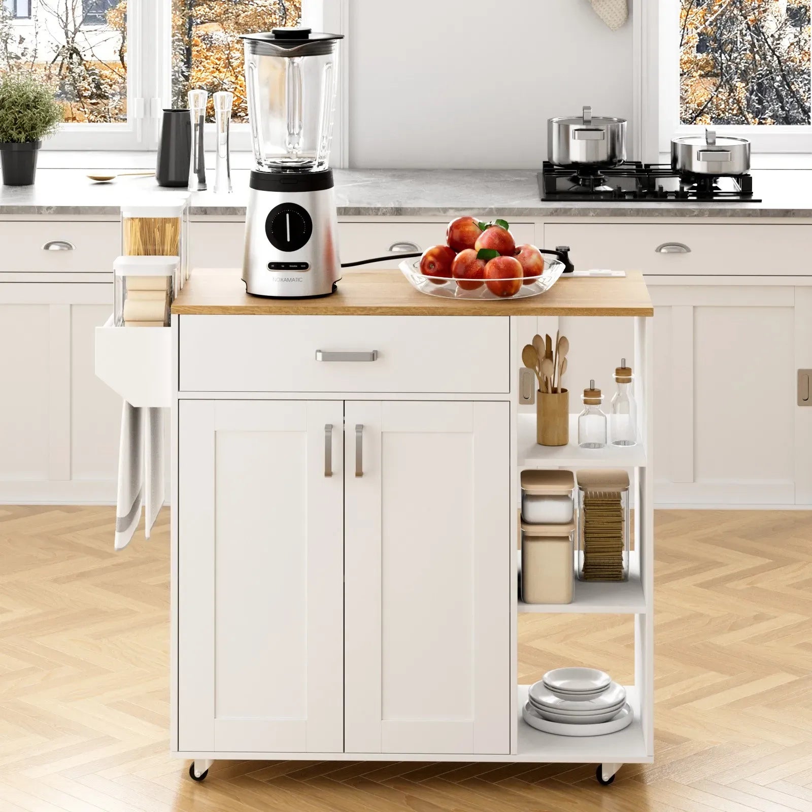 Kitchen Island Cart on Wheels with Charging Station, White, 83x38x82cm