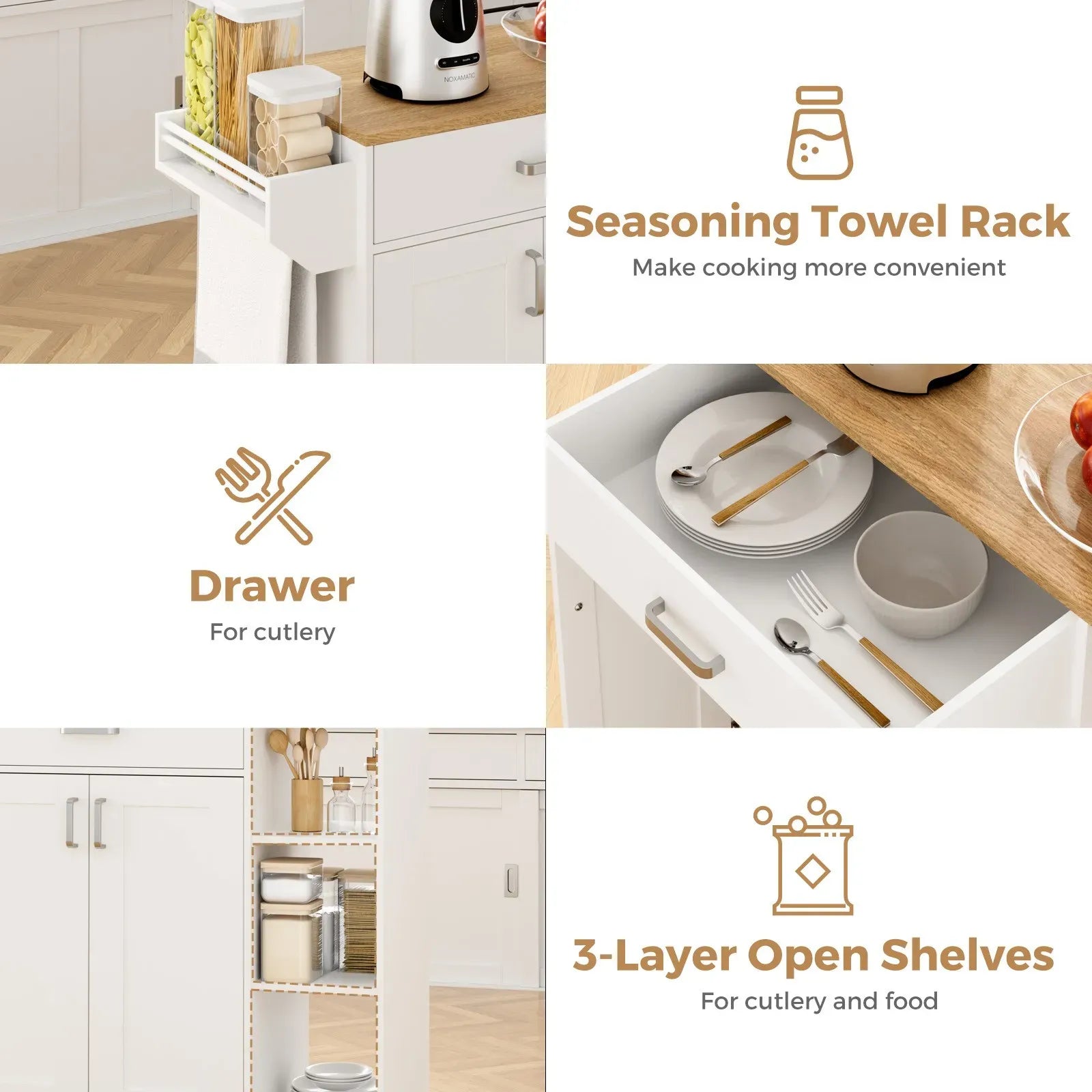 Kitchen Island Cart on Wheels with Charging Station, White, 83x38x82cm