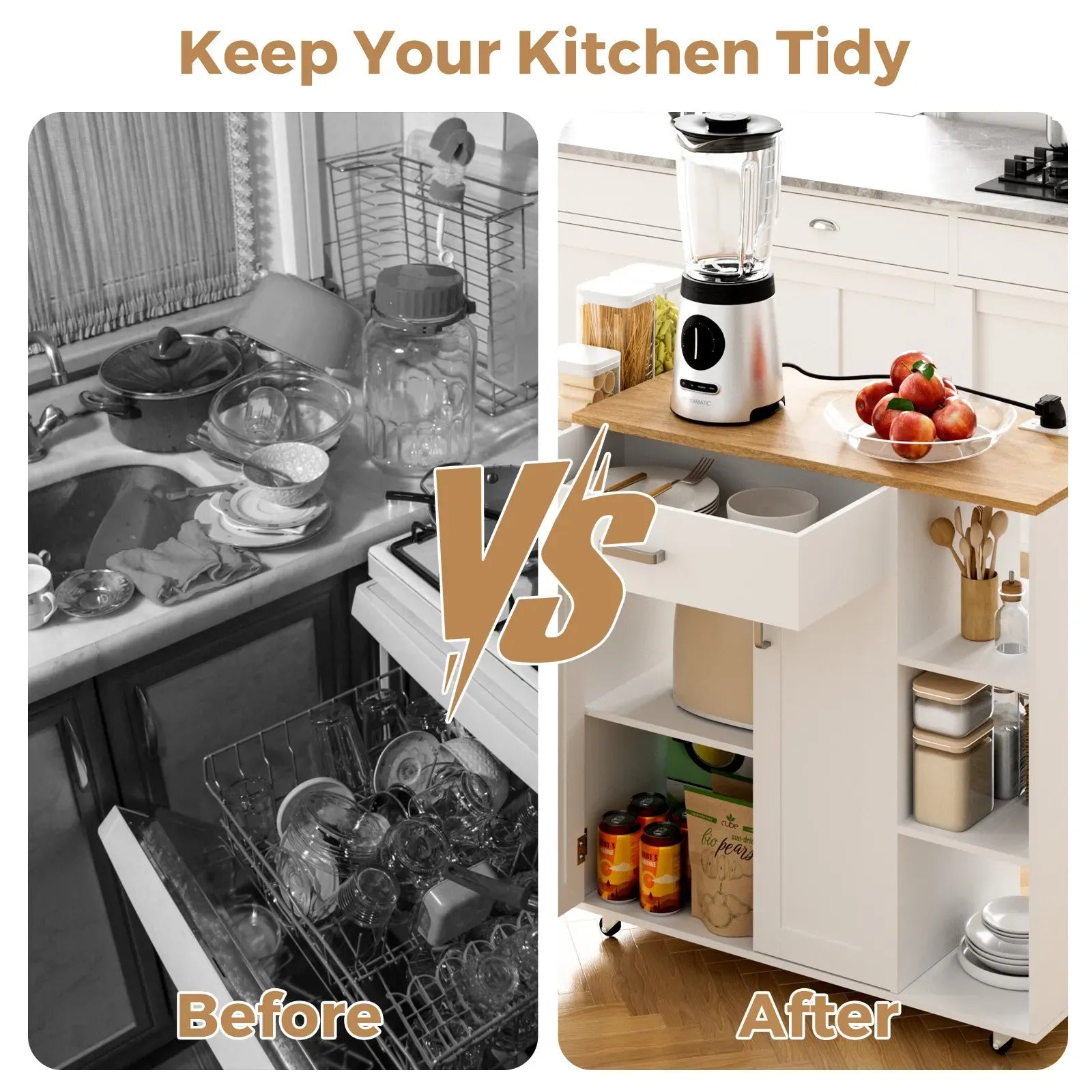 Kitchen Island Cart on Wheels with Charging Station, White, 83x38x82cm