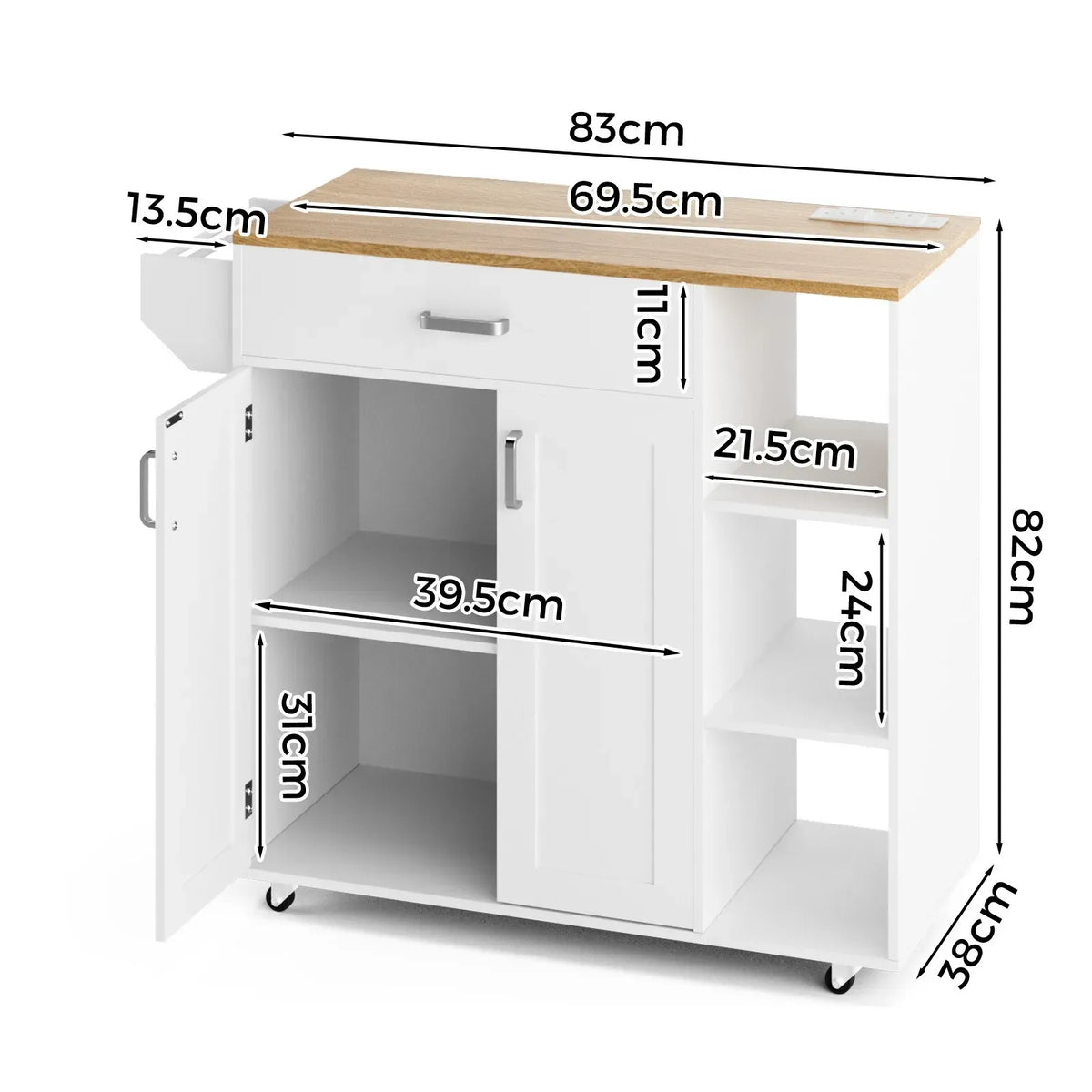 Kitchen Island Cart on Wheels with Charging Station, White, 83x38x82cm