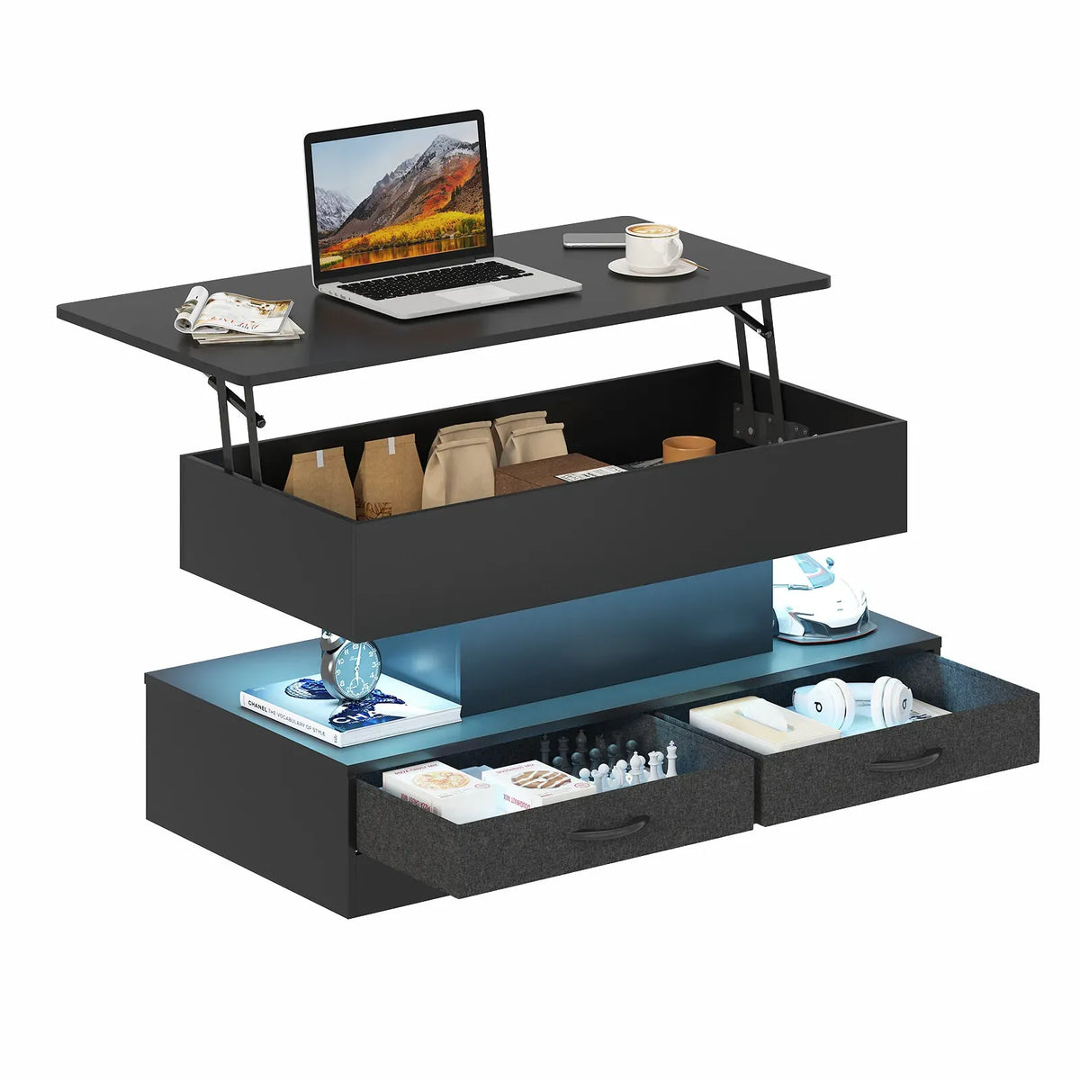 LED Lift Top Coffee Table in Black with 2-Tier Design and Drawers for Living Room