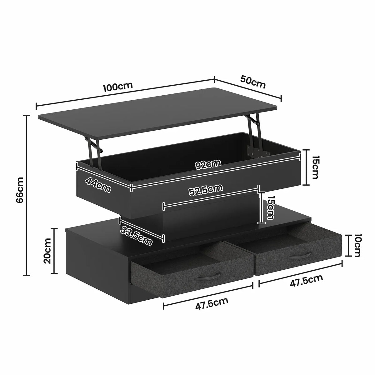 LED Lift Top Coffee Table in Black with 2-Tier Design and Drawers for Living Room