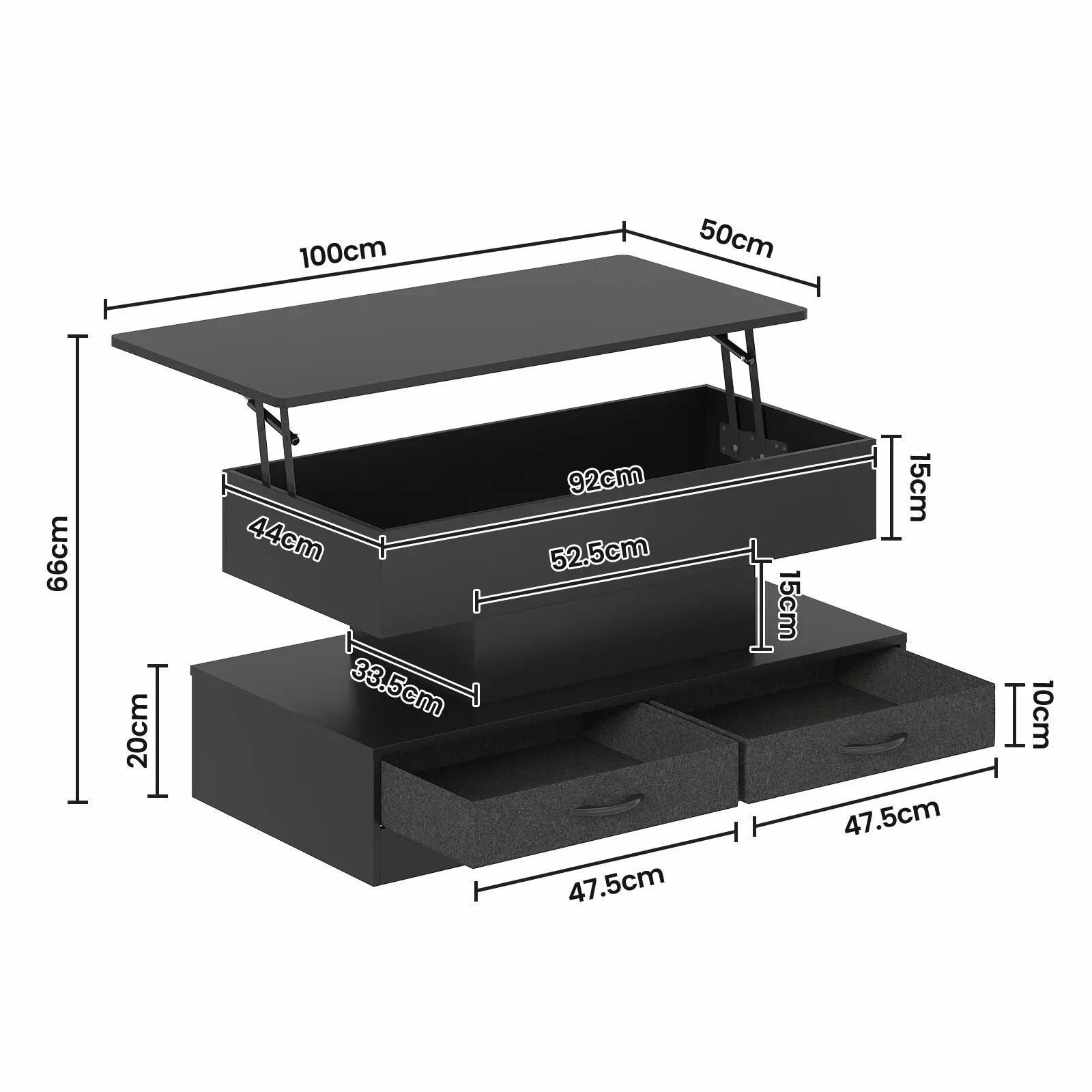 LED Lift Top Coffee Table in Black with 2-Tier Design and Drawers for Living Room