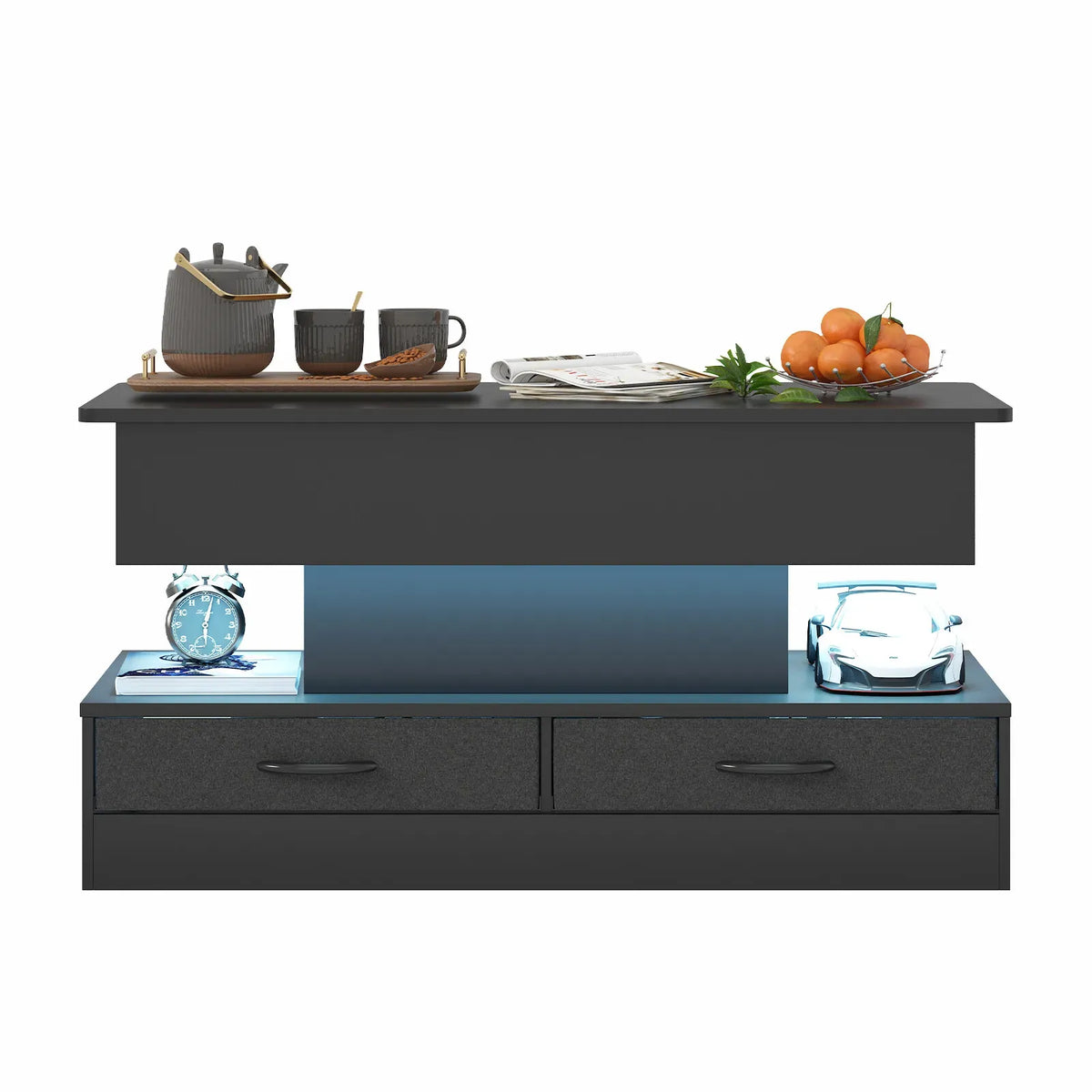 LED Lift Top Coffee Table in Black with 2-Tier Design and Drawers for Living Room