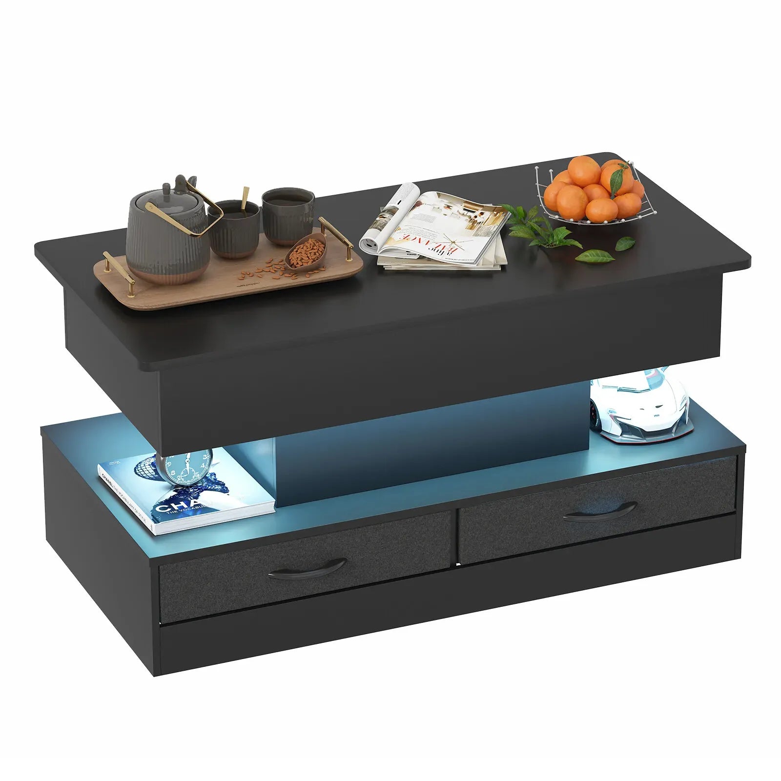 LED Lift Top Coffee Table in Black with 2-Tier Design and Drawers for Living Room