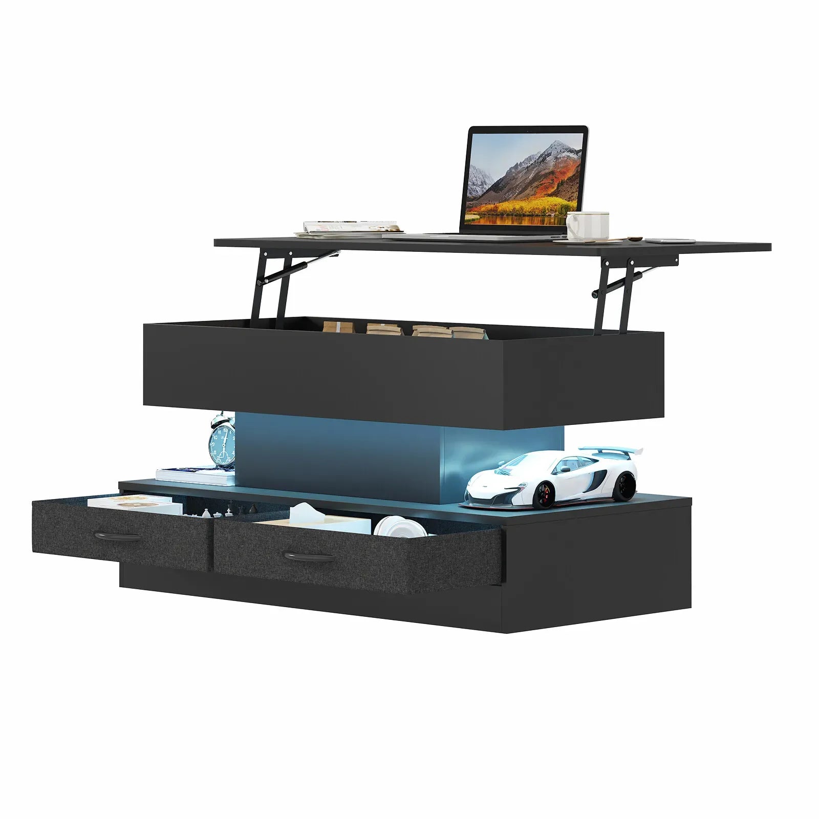 LED Lift Top Coffee Table in Black with 2-Tier Design and Drawers for Living Room