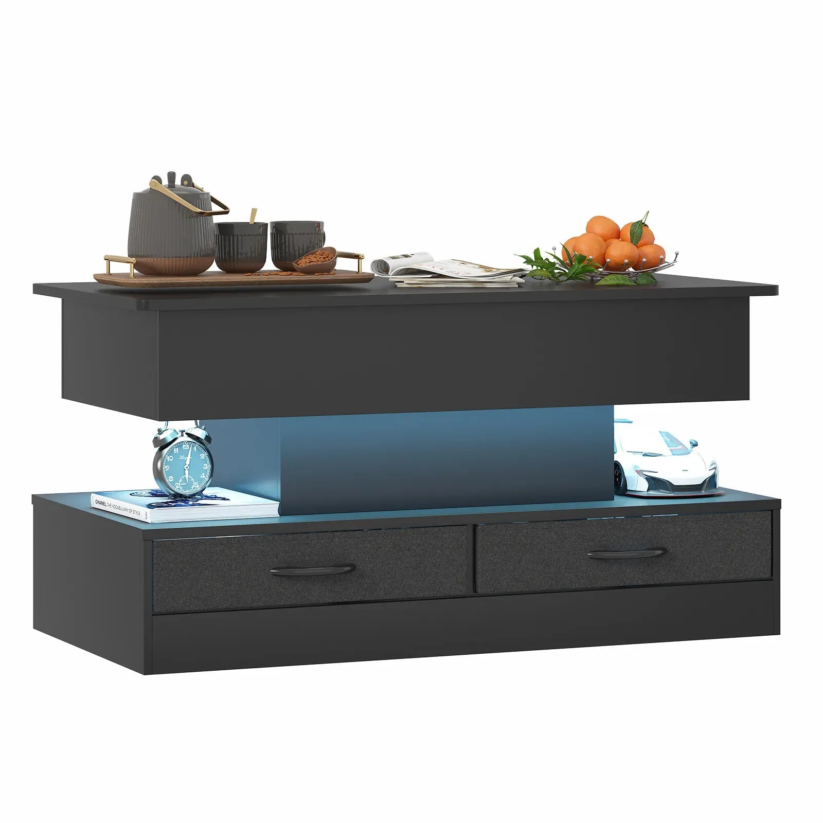 LED Lift Top Coffee Table in Black with 2-Tier Design and Drawers for Living Room