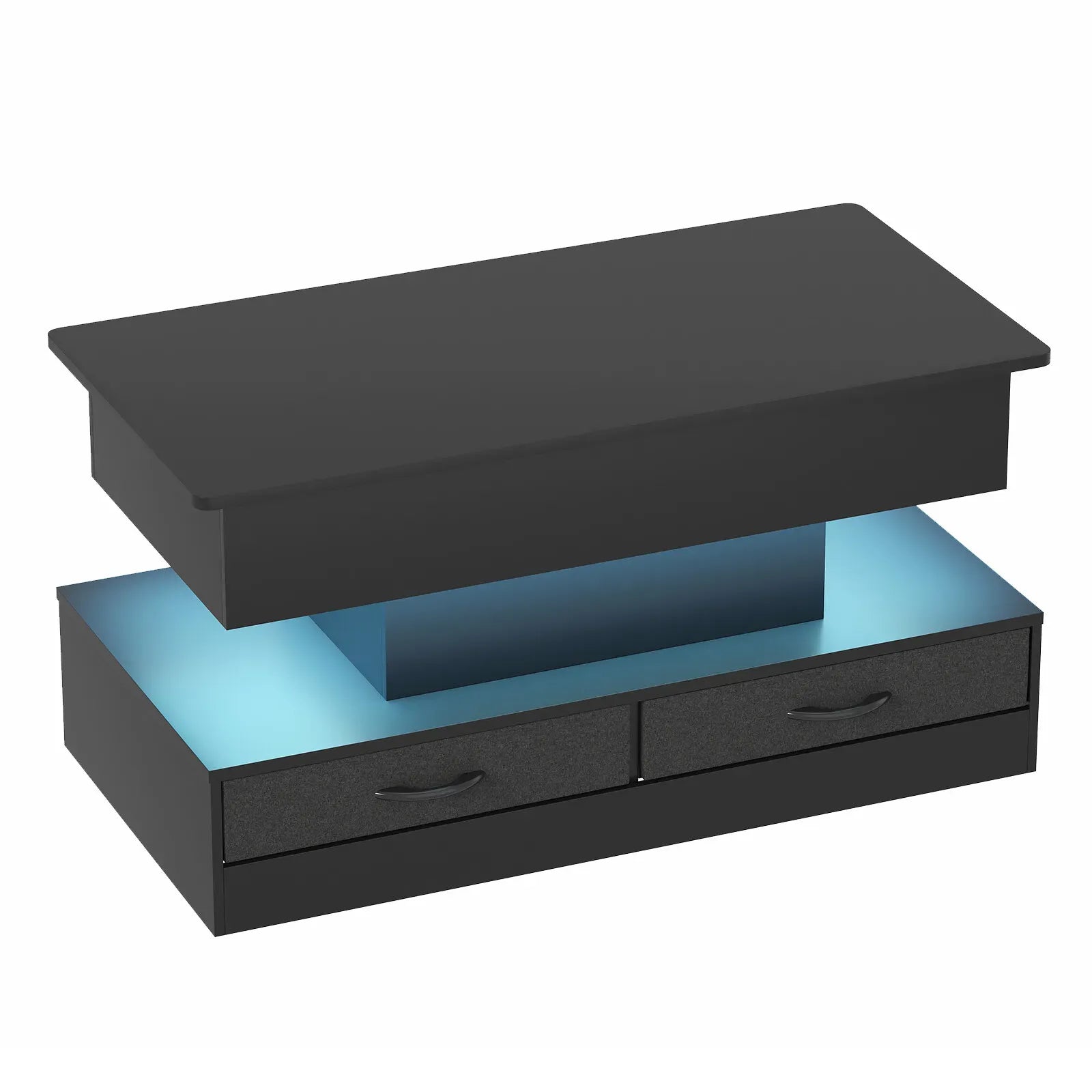 LED Lift Top Coffee Table in Black with 2-Tier Design and Drawers for Living Room